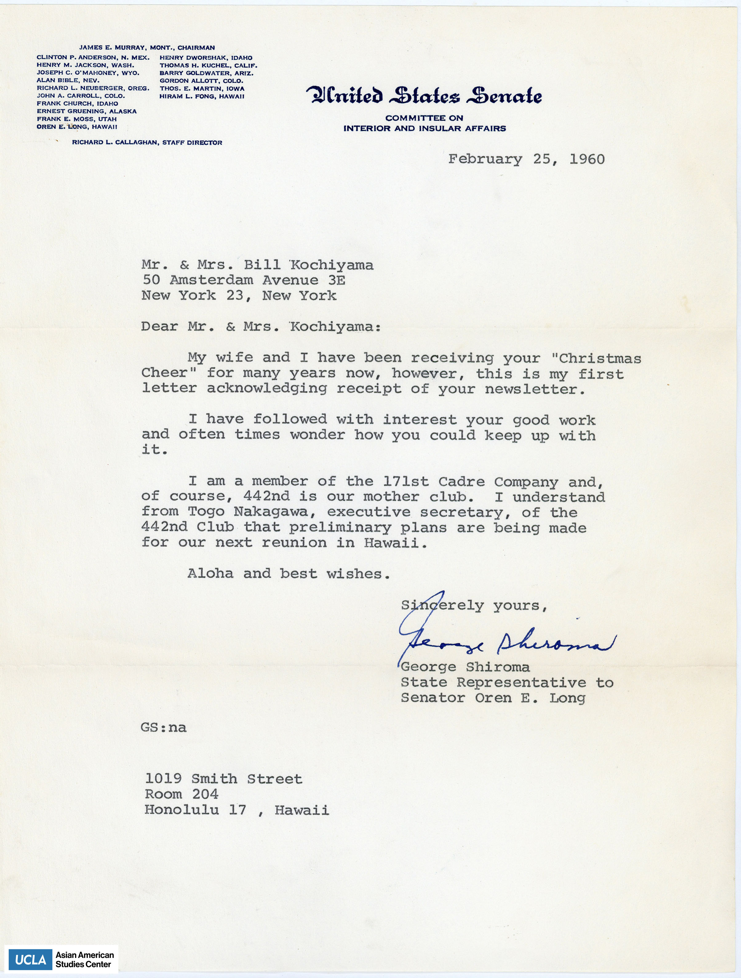 Letter regarding receiving and admiring the Kochiyama Christmas Cheer.