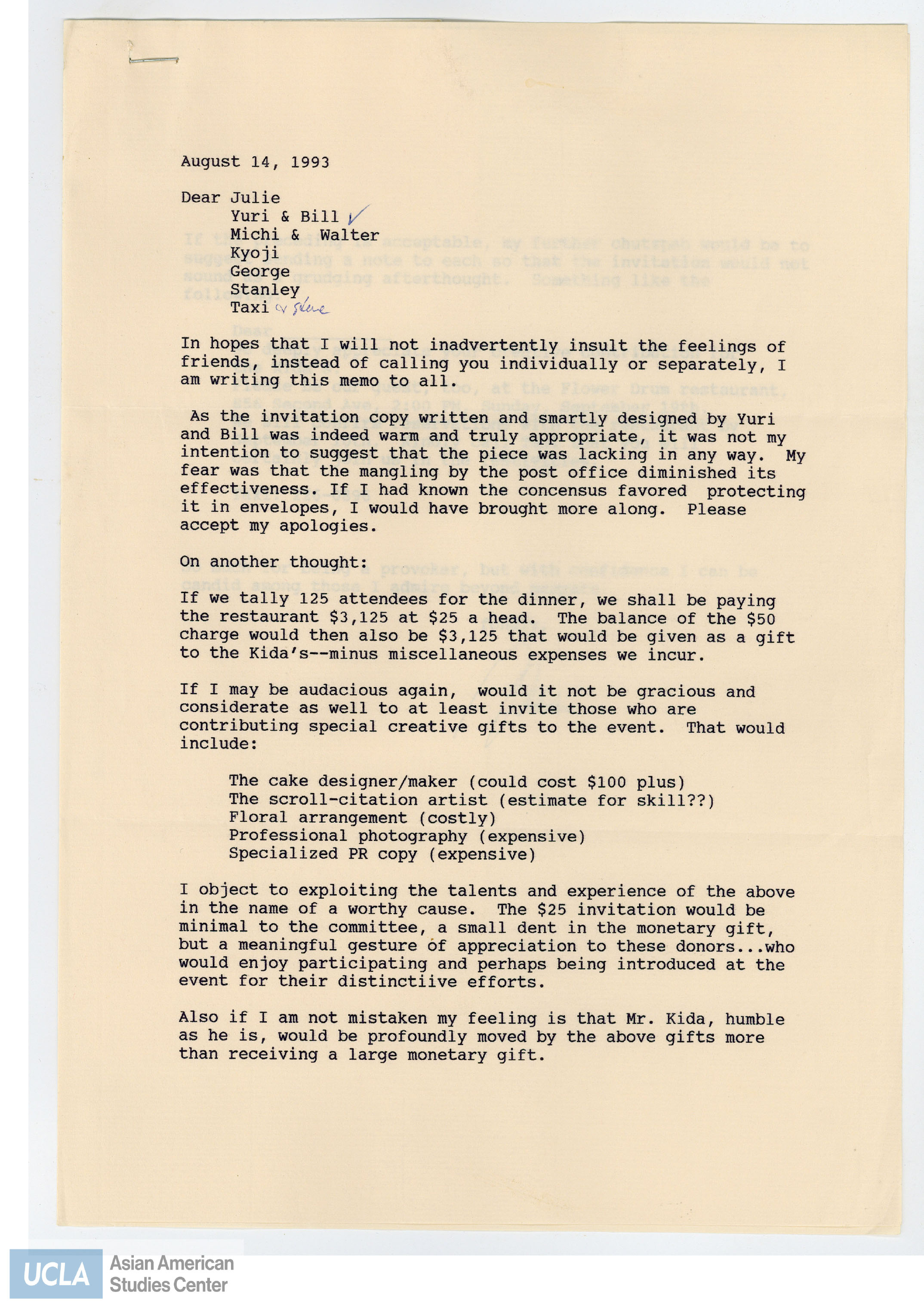 Letter regarding dinner expenses and objecting to exploiting people for such causes.