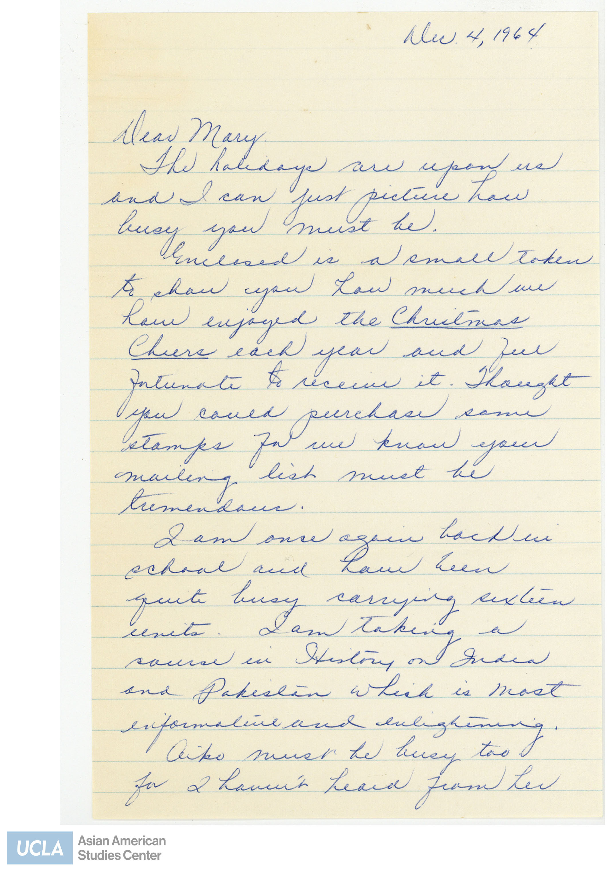 Letter of appreciation for sending the Christmas Cheer.