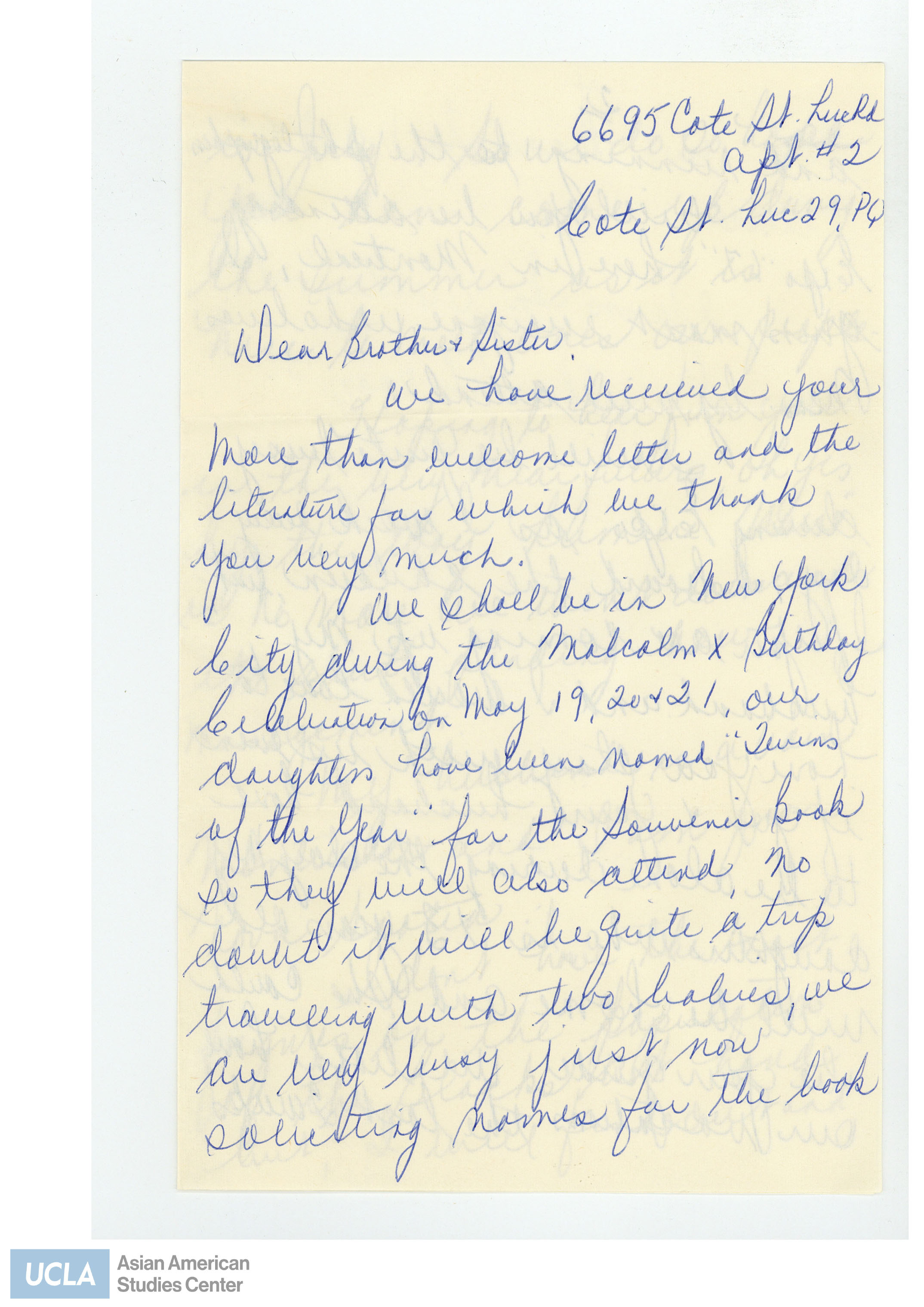 Letter regarding receiving Yuri's letter. Mentions their arrival to New York for Malcolm X's birthday on May 19, 20,21. The letter continues with hopes of meeting despite their busy schedule.