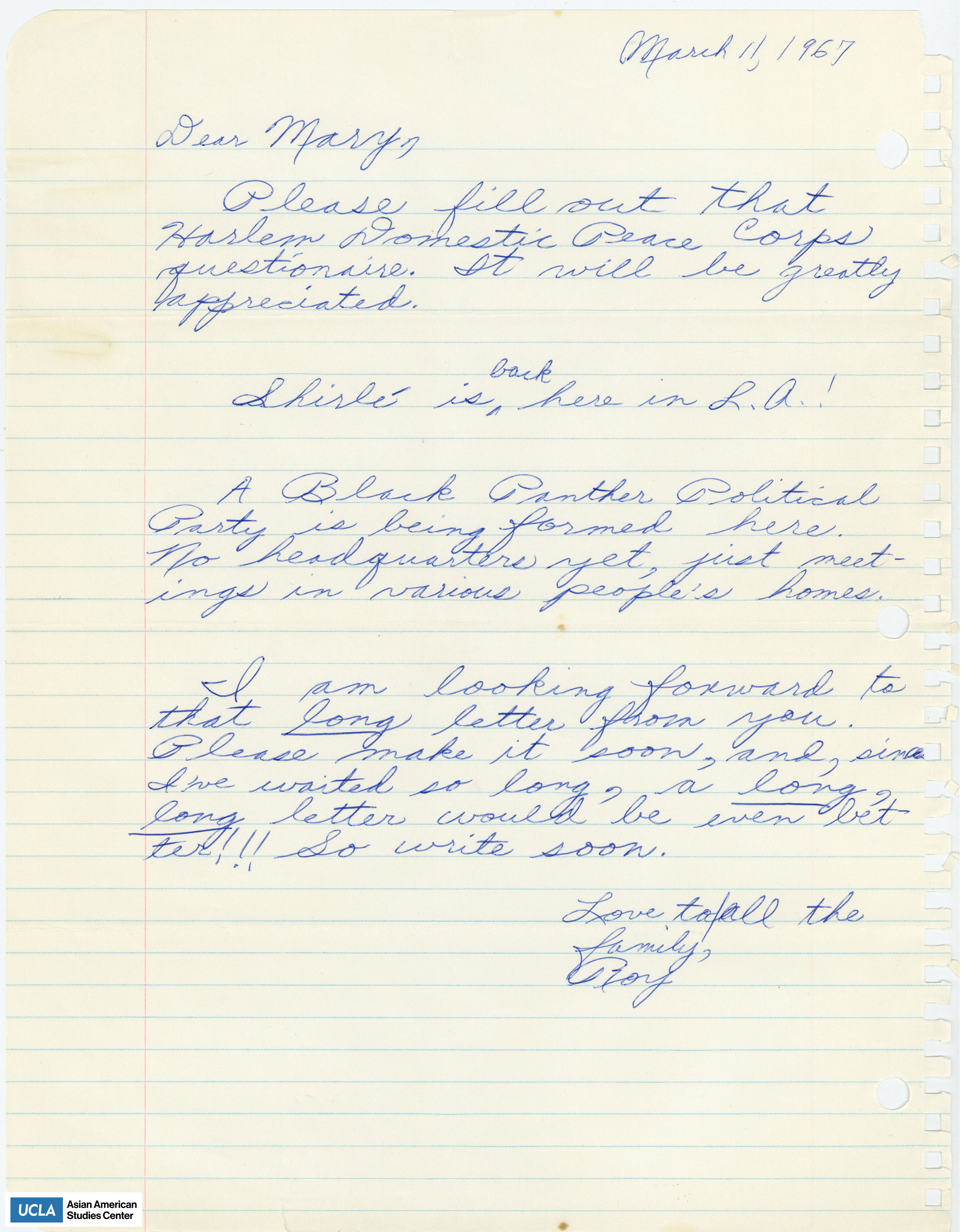 Letter asking Yuri to complete the Harlem Domestic Peace Corps questionaire. The letter continutes to mentions plans to form the Black Panther Party.