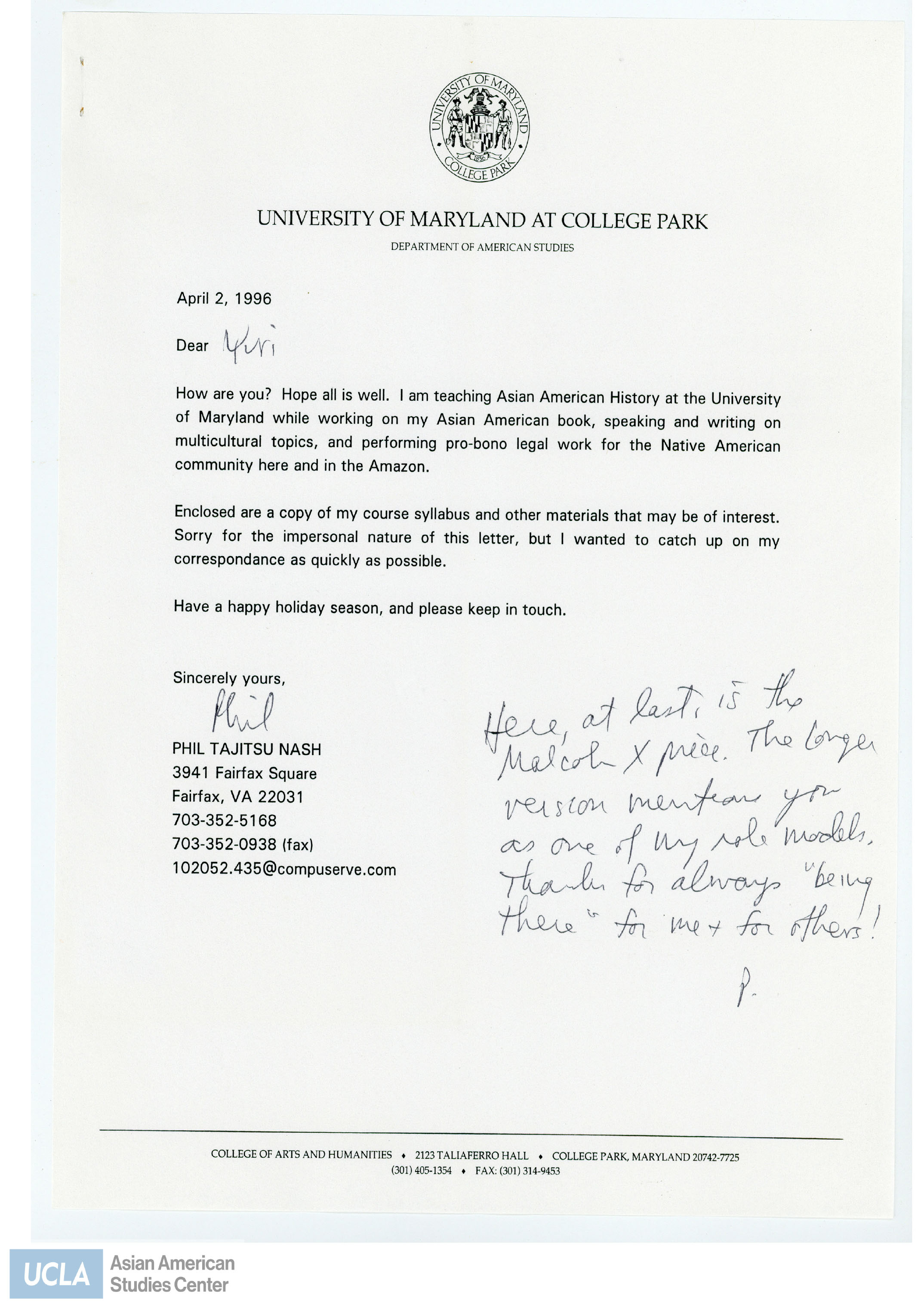 Letter regarding Phil's course in Asian American History at the University of Maryland. Enclosed is a copy of the course syllabus and other related materials.