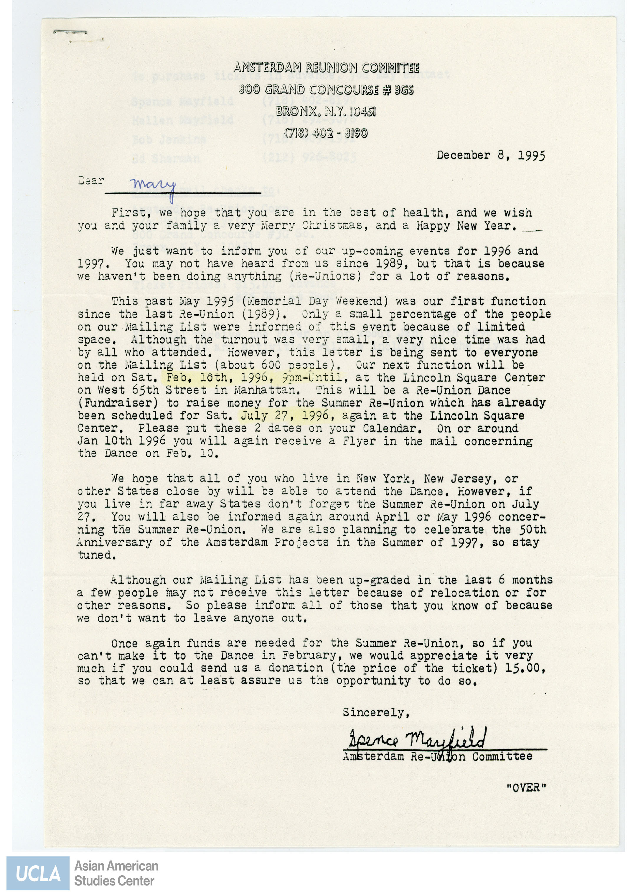 Letter regarding upcoming events for 1995 and 1996 from the Amsterdam Reunion Committee.