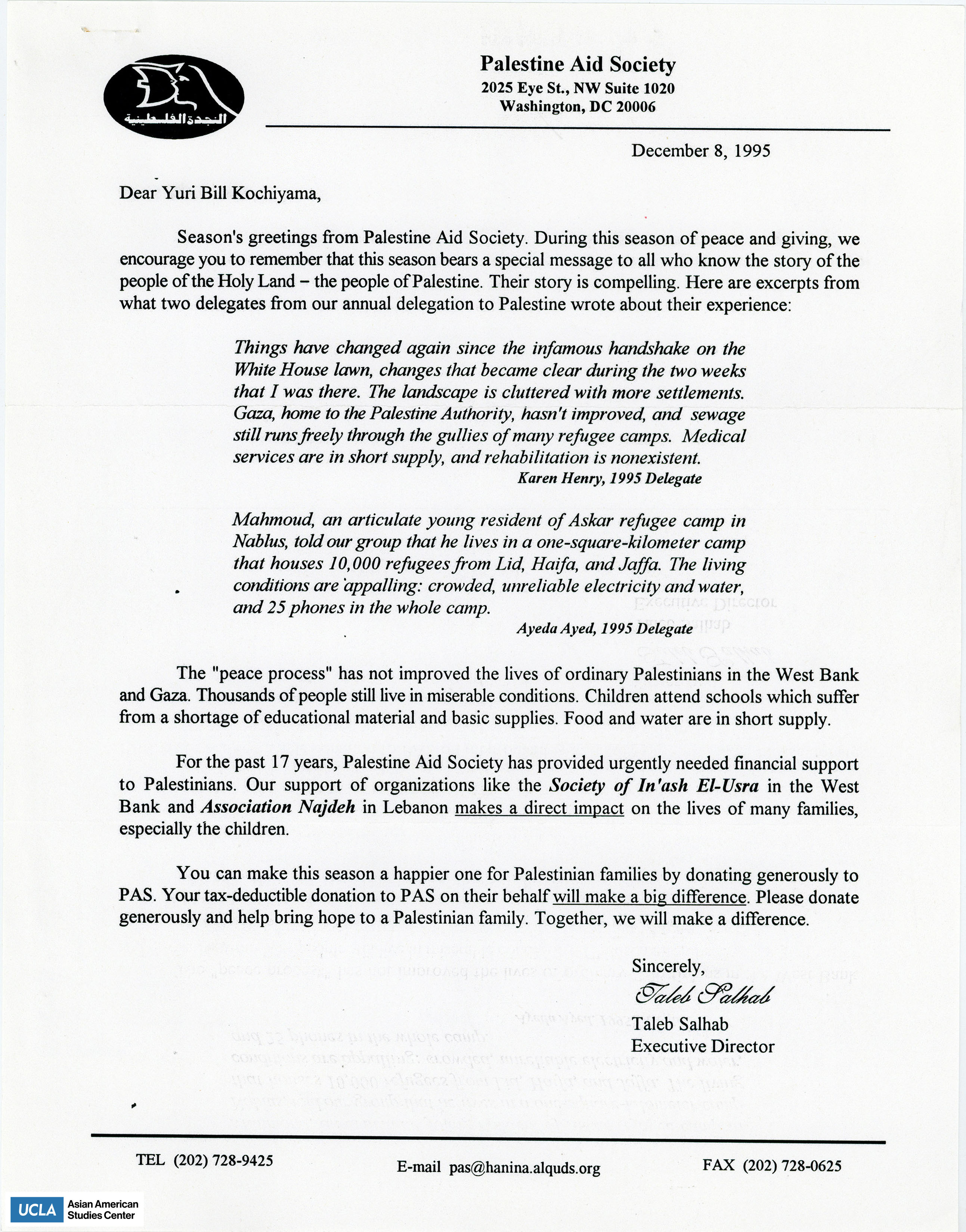 Letter regarding donating to the Palestine Aid Society for the financial support of Palestinians.