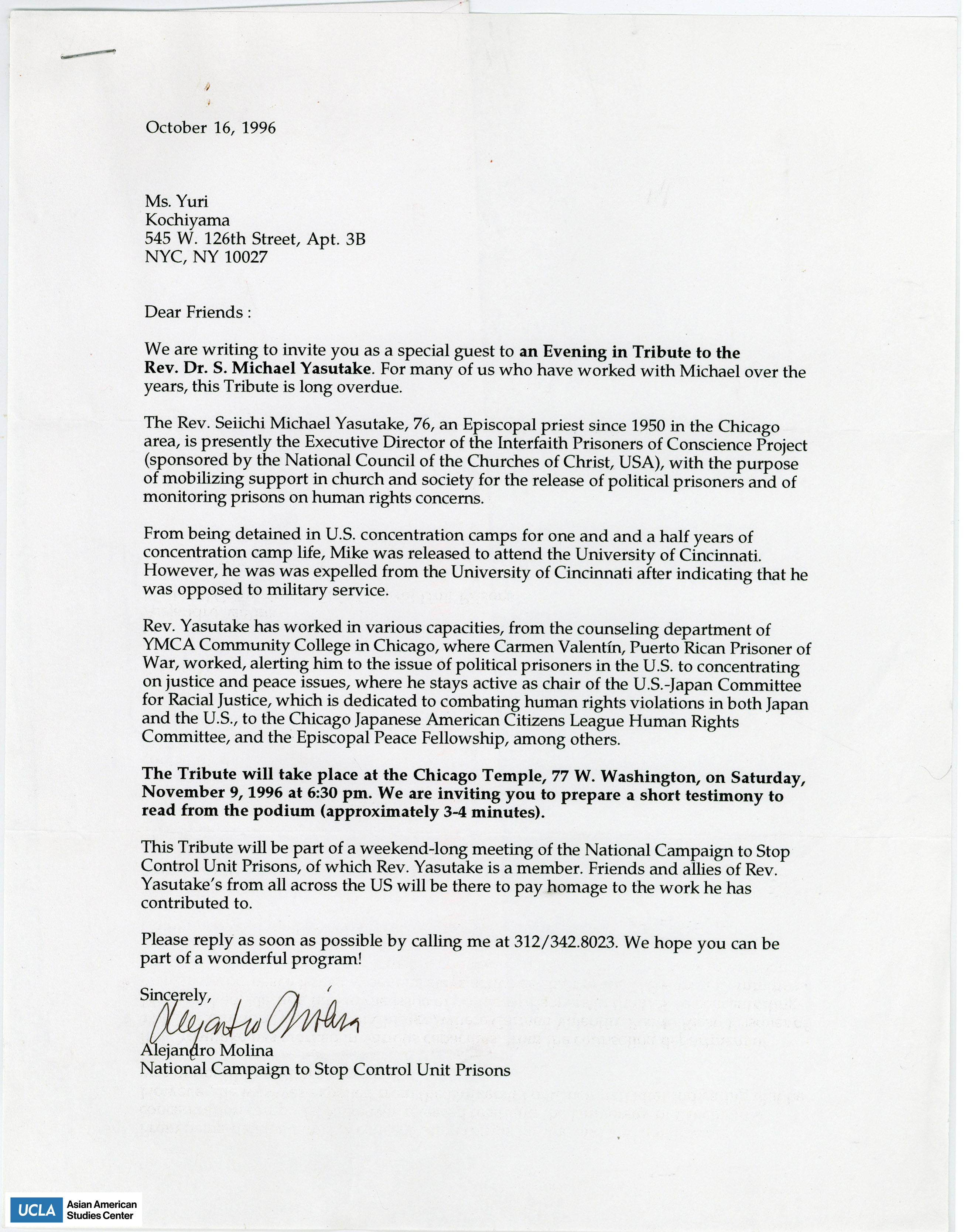 Letter of invitation to the tribute of Reverand Dr. Seiichi Michael Yasutake.