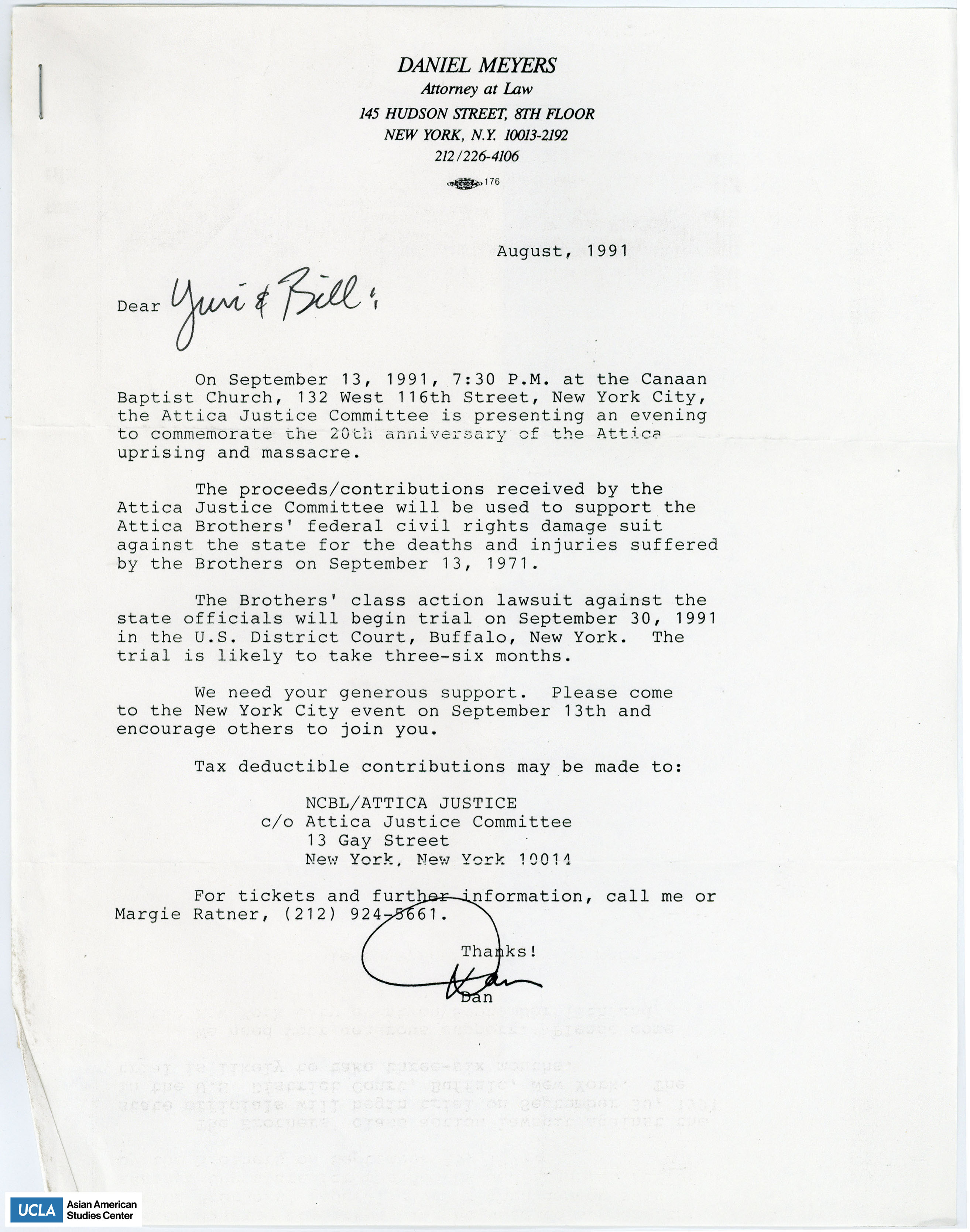 Letter of invitation for the 20th commemoration of the Attica uprising and massacre.