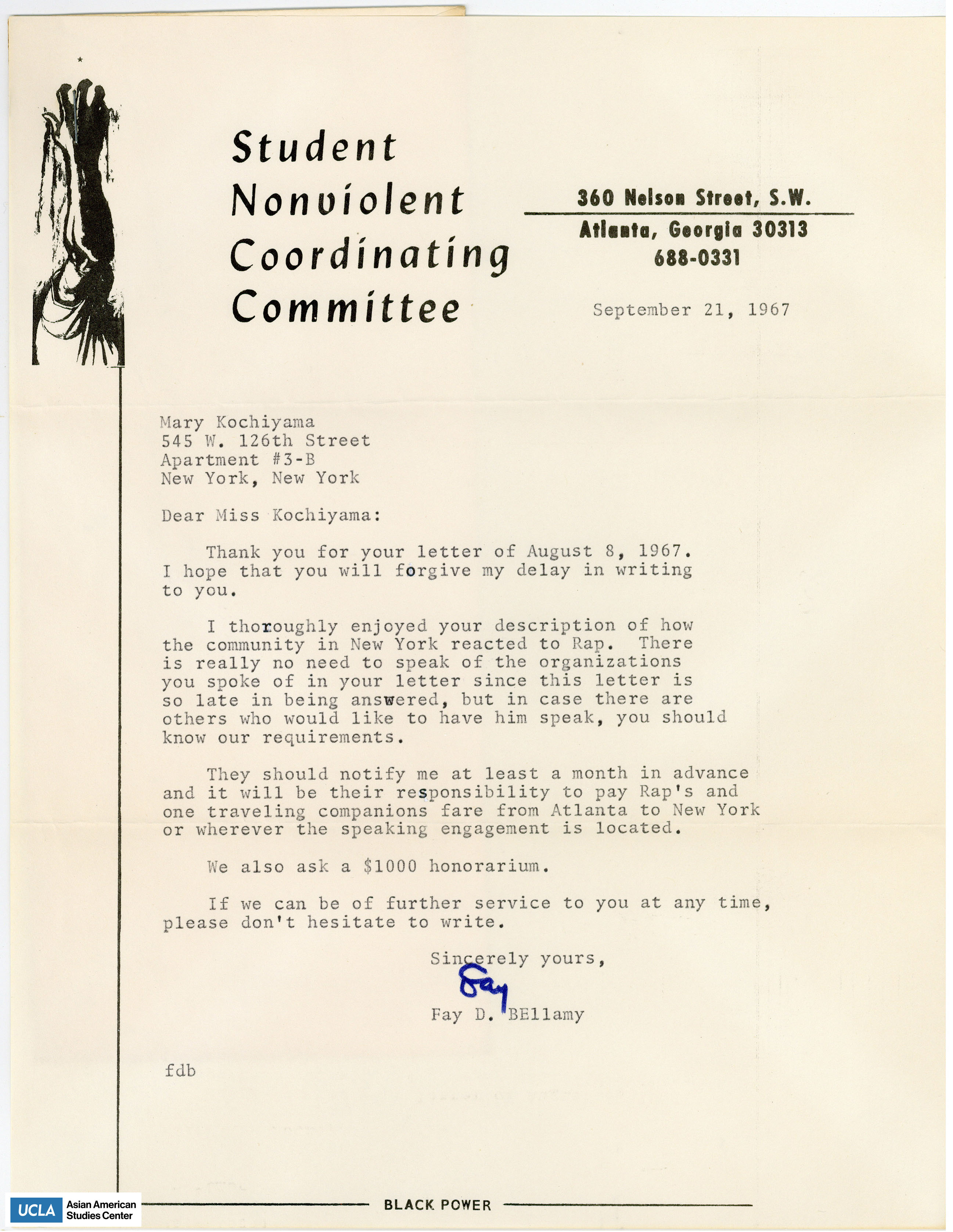 Letter regarding plans for a speak event with Rap.