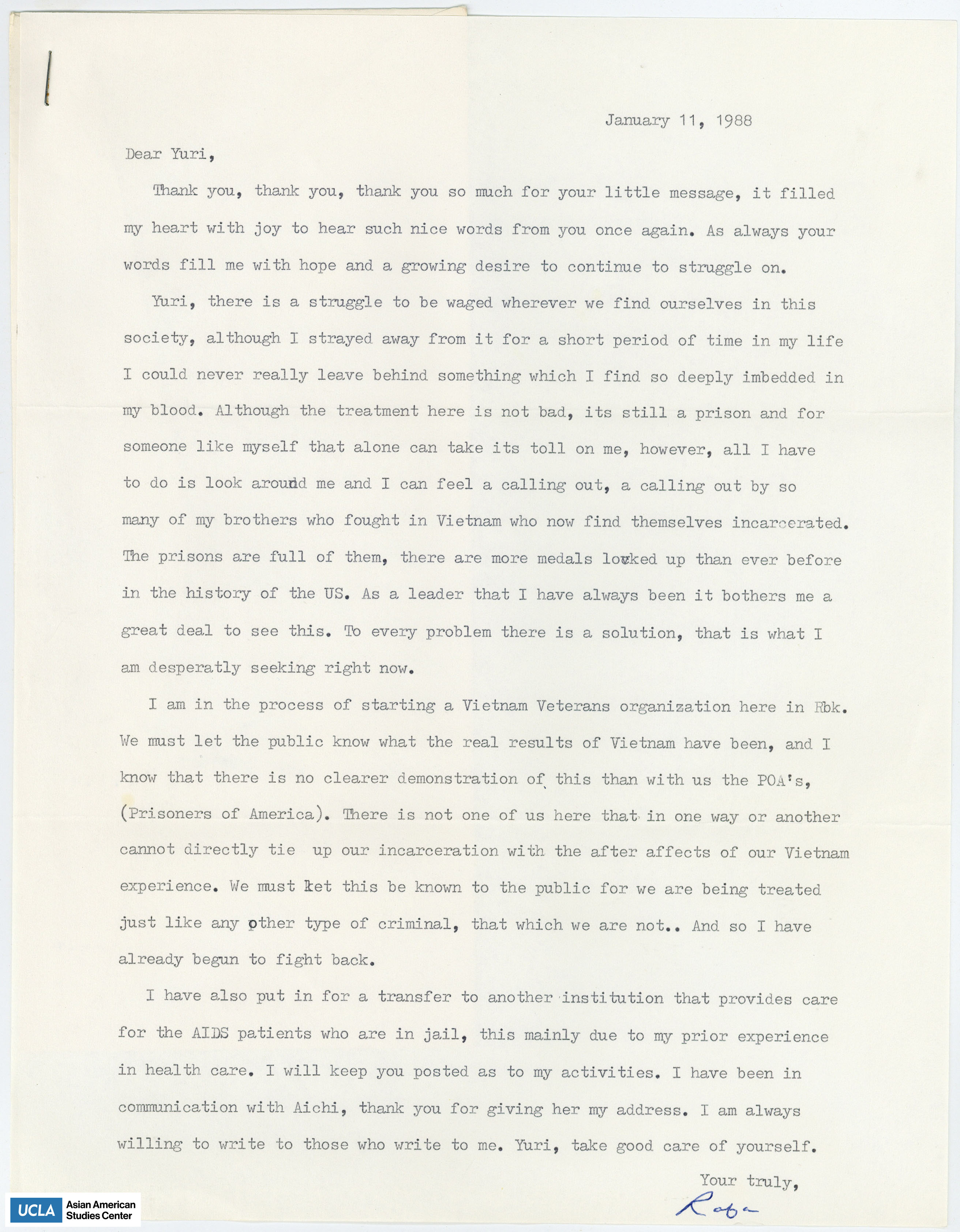 Letter of reflection on being incarcerated and plans in creating a Vietnam veterans organization.