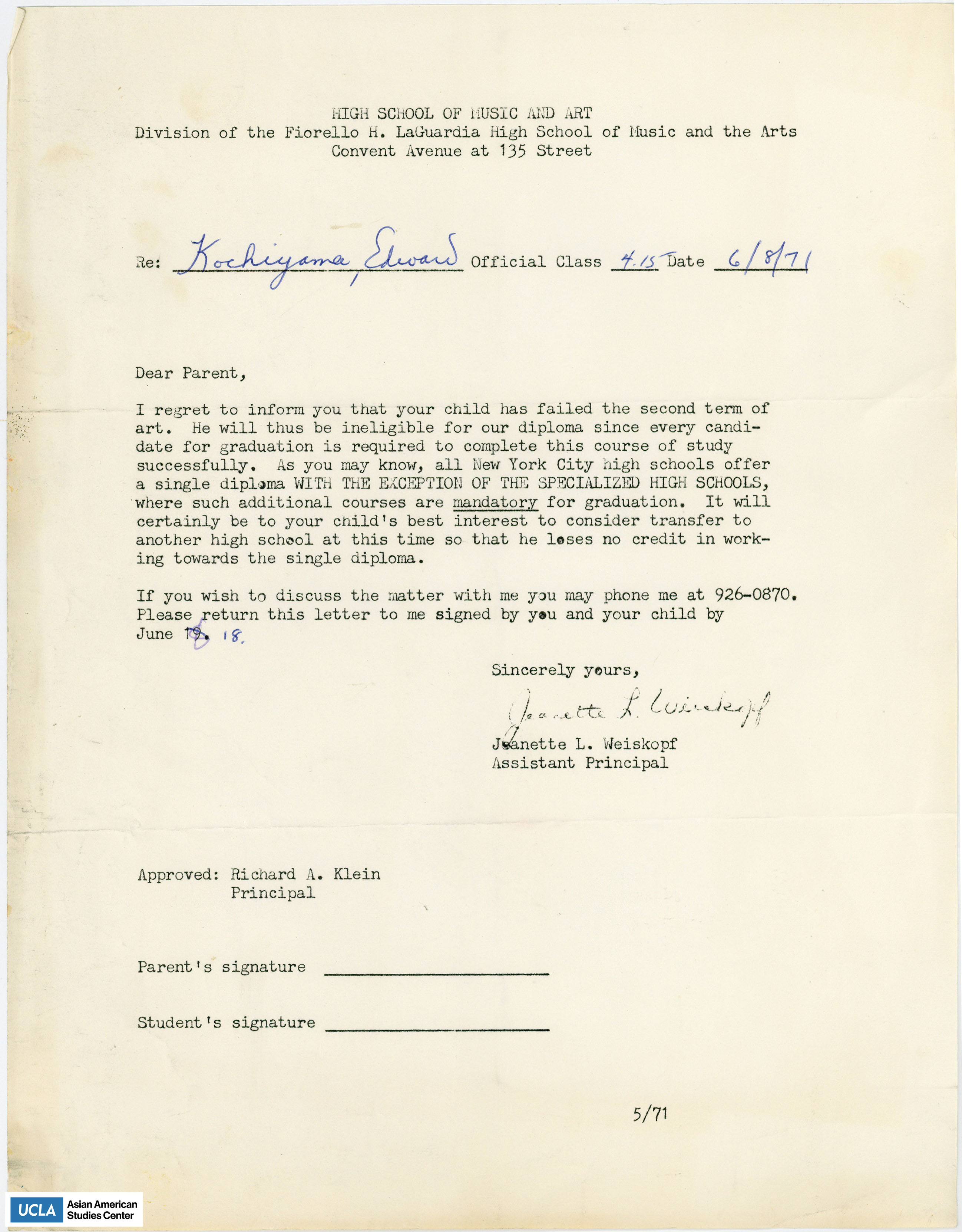 Letter regarding Eddie Kochiyama's ineligibility for a high school diploma for failing an art course.