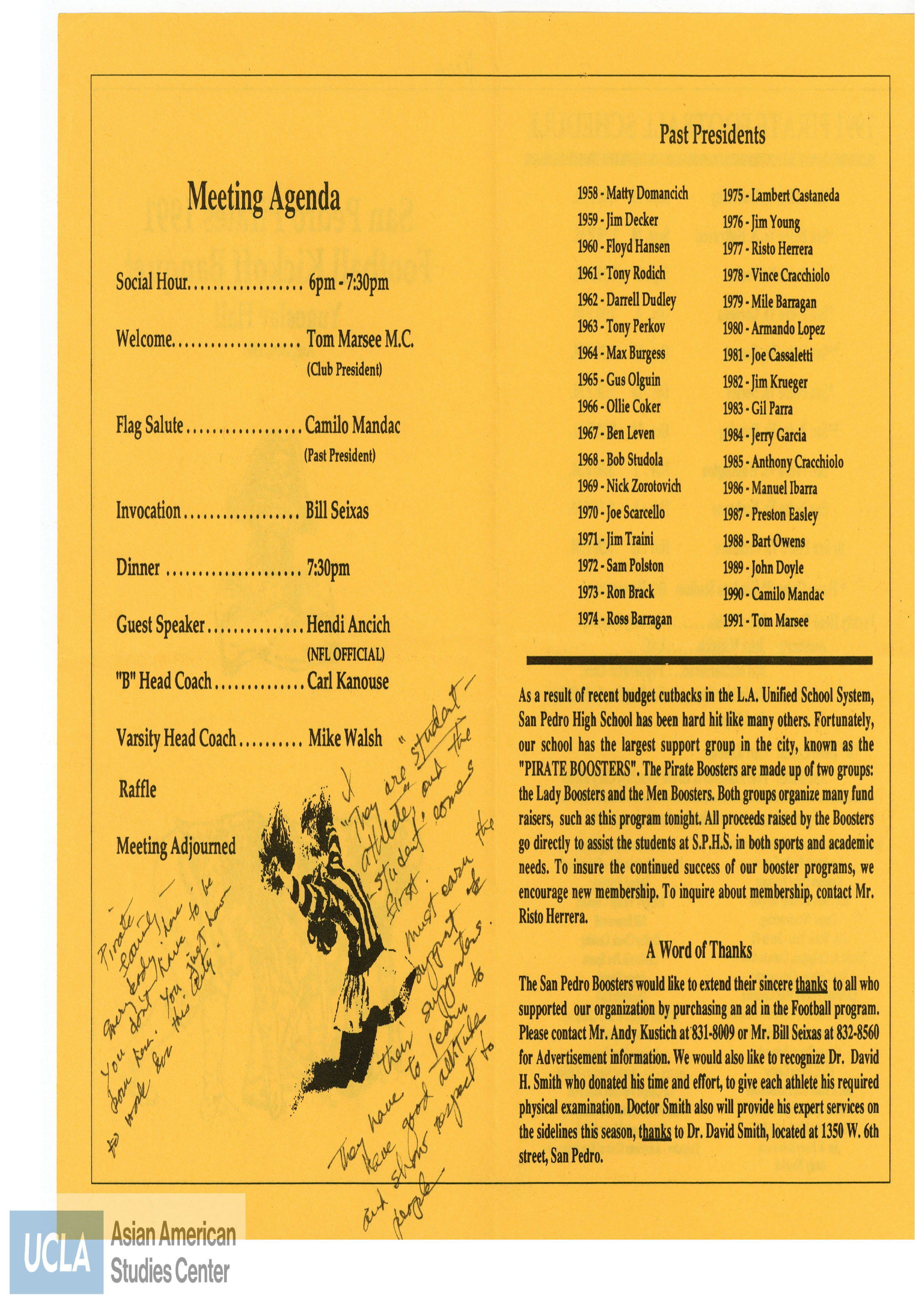 Program regarding a kickoff banquet for the San Pedro High School football team.