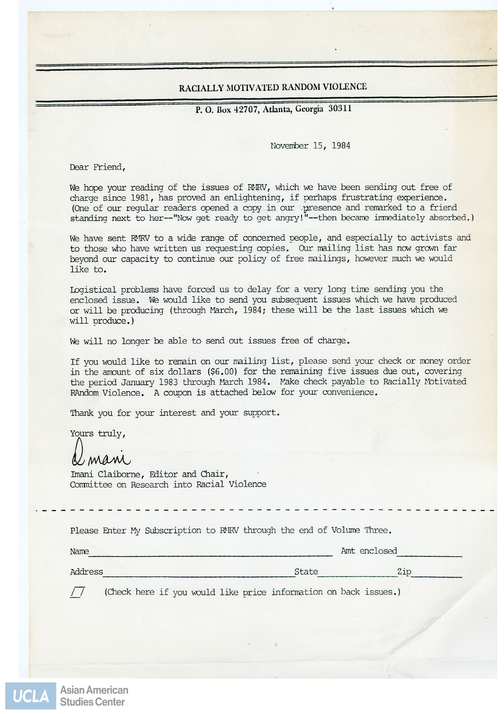 Letter regarding enclosing information on the issues of Racially Motivated Random Violence.