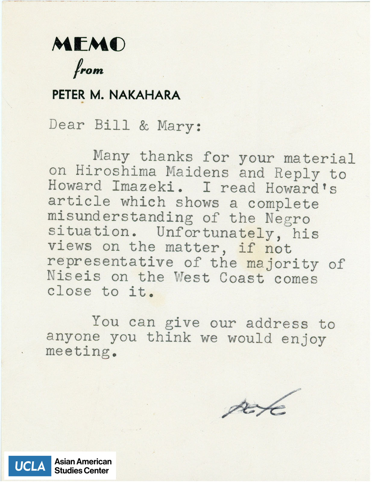 Letter of thanks for materials on Hiroshima Maidens and reaction to Howard's article.
