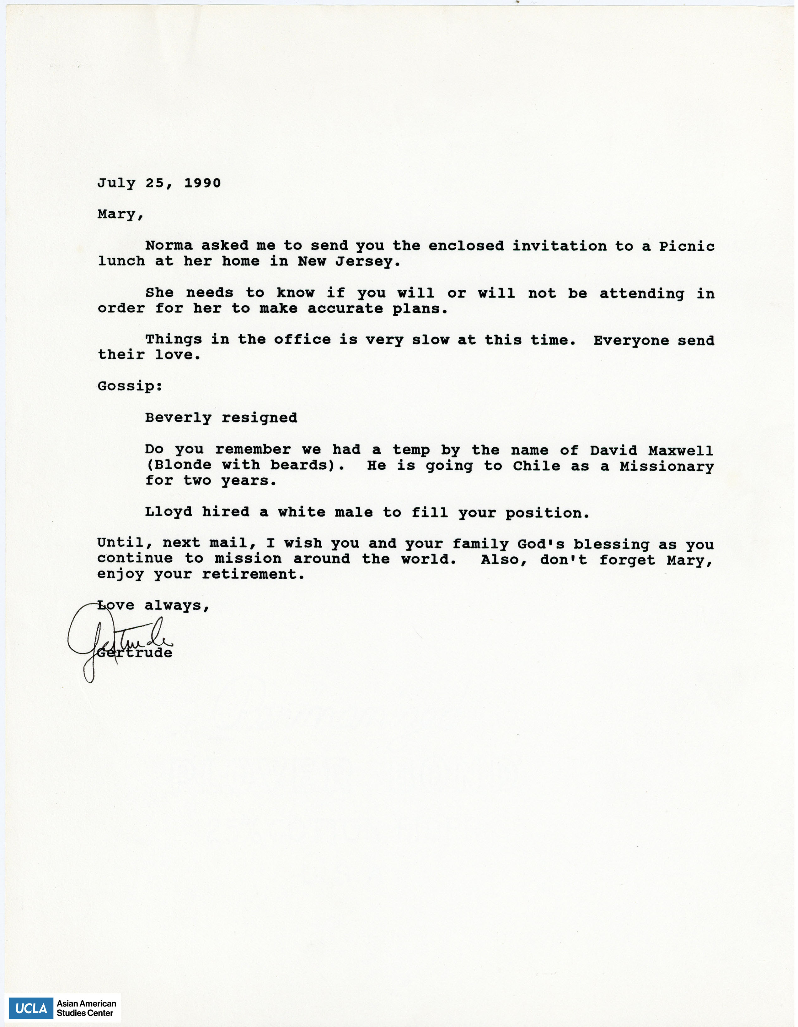 Letter regarding an invitation to a picnic lunch.