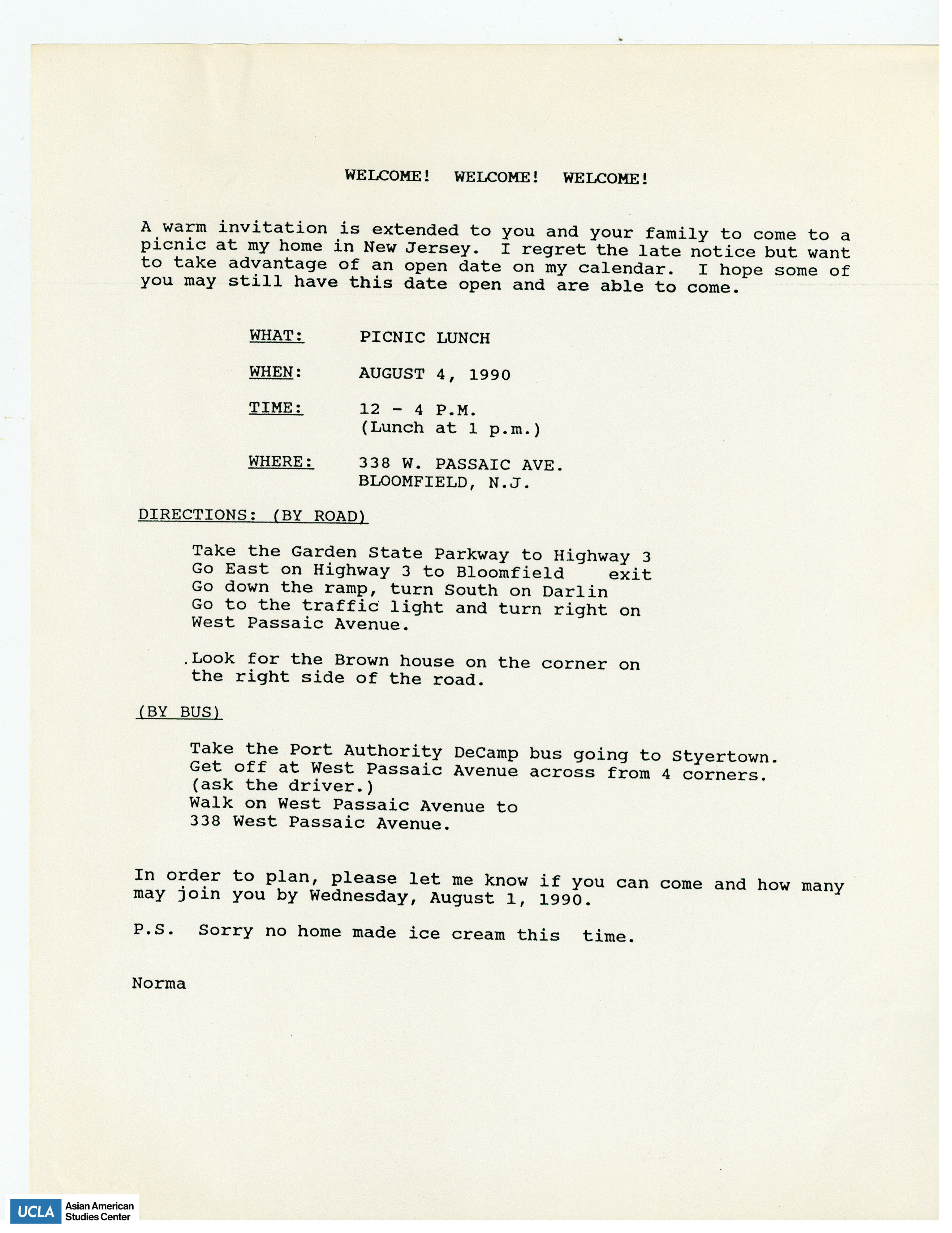 Invitation to a lunch picnic on August 4, 1990.
