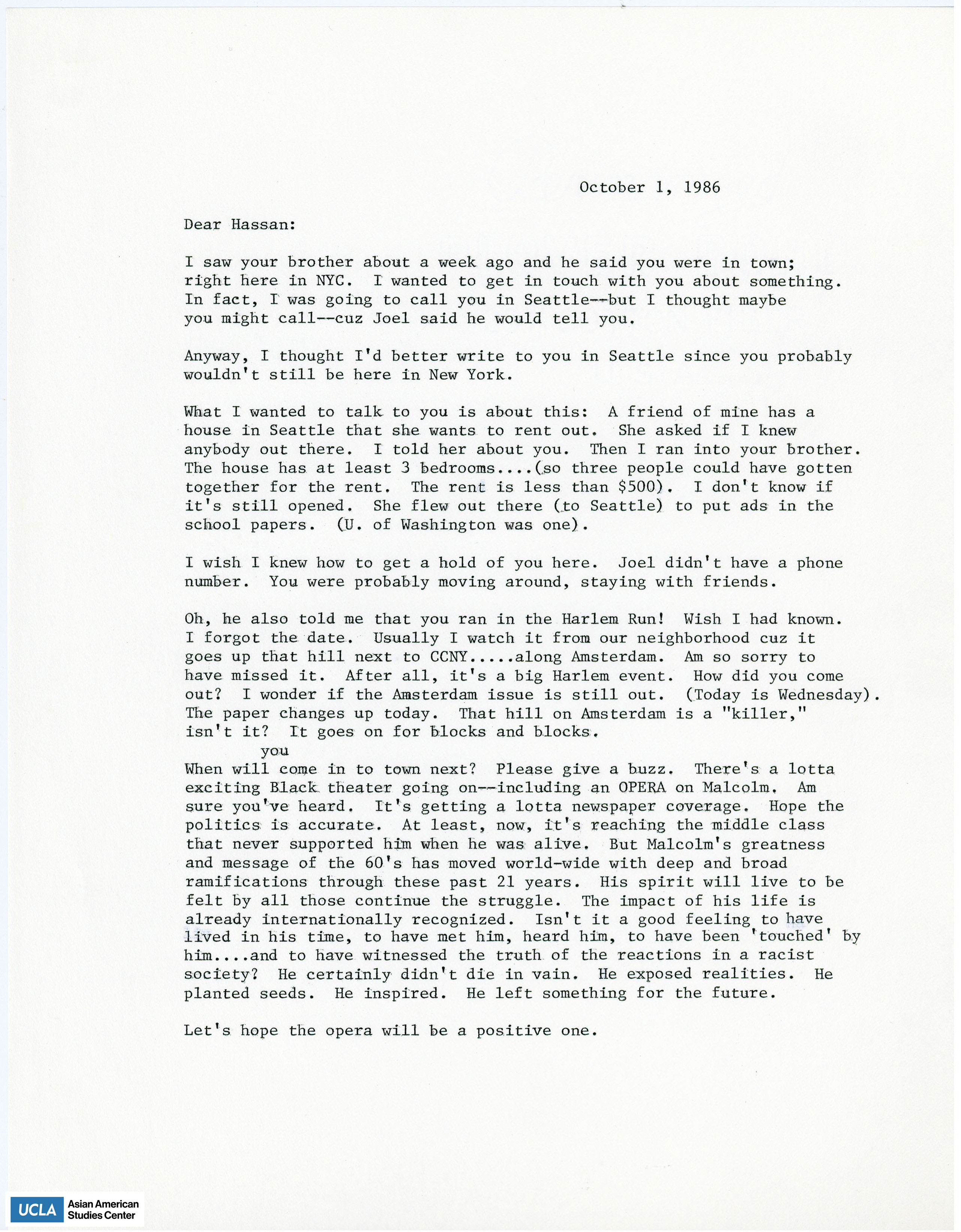 Letter regarding inquiring about the possibility of renting home in Seattle.