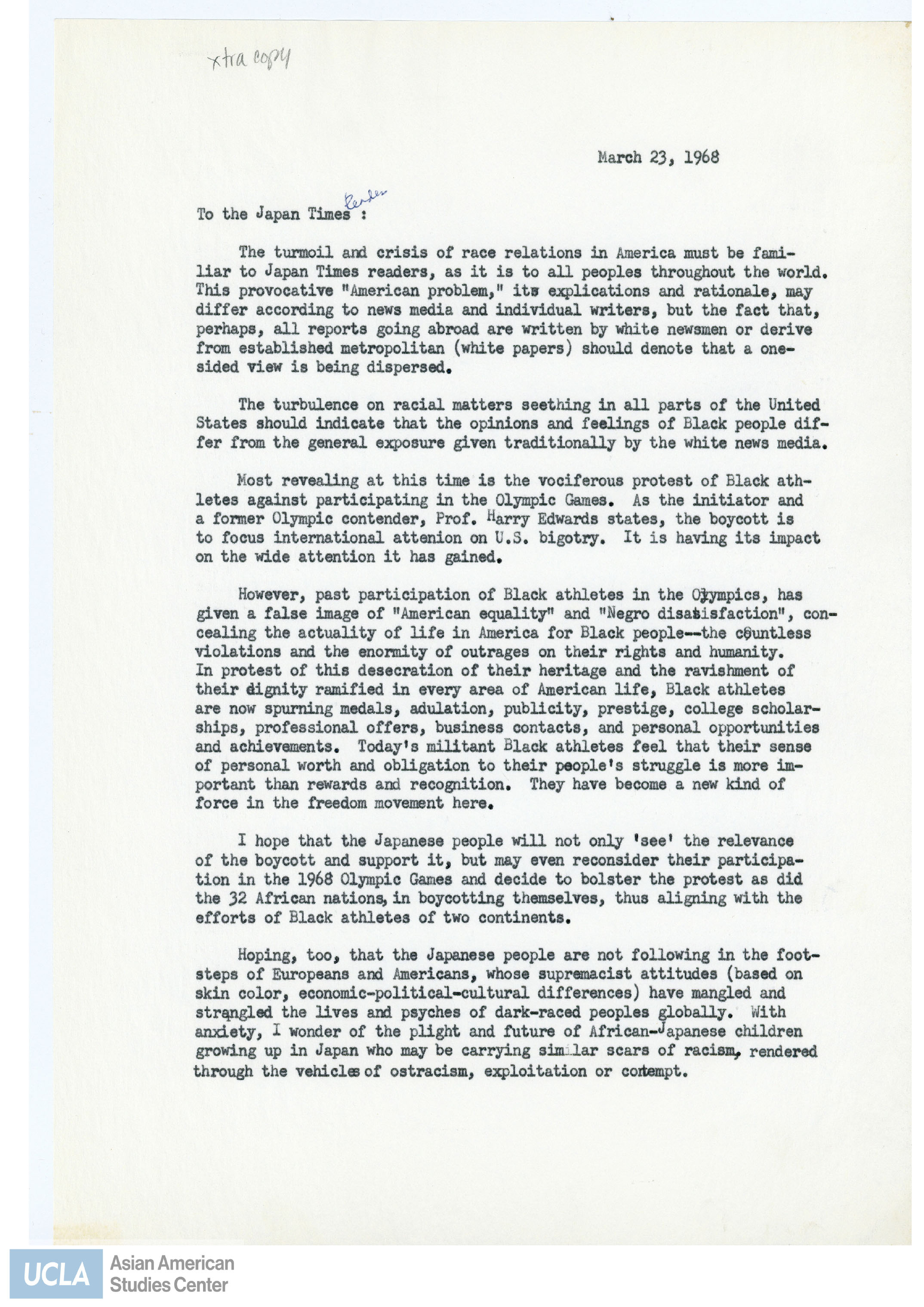 Letter regaring racial issues and race relations in America.