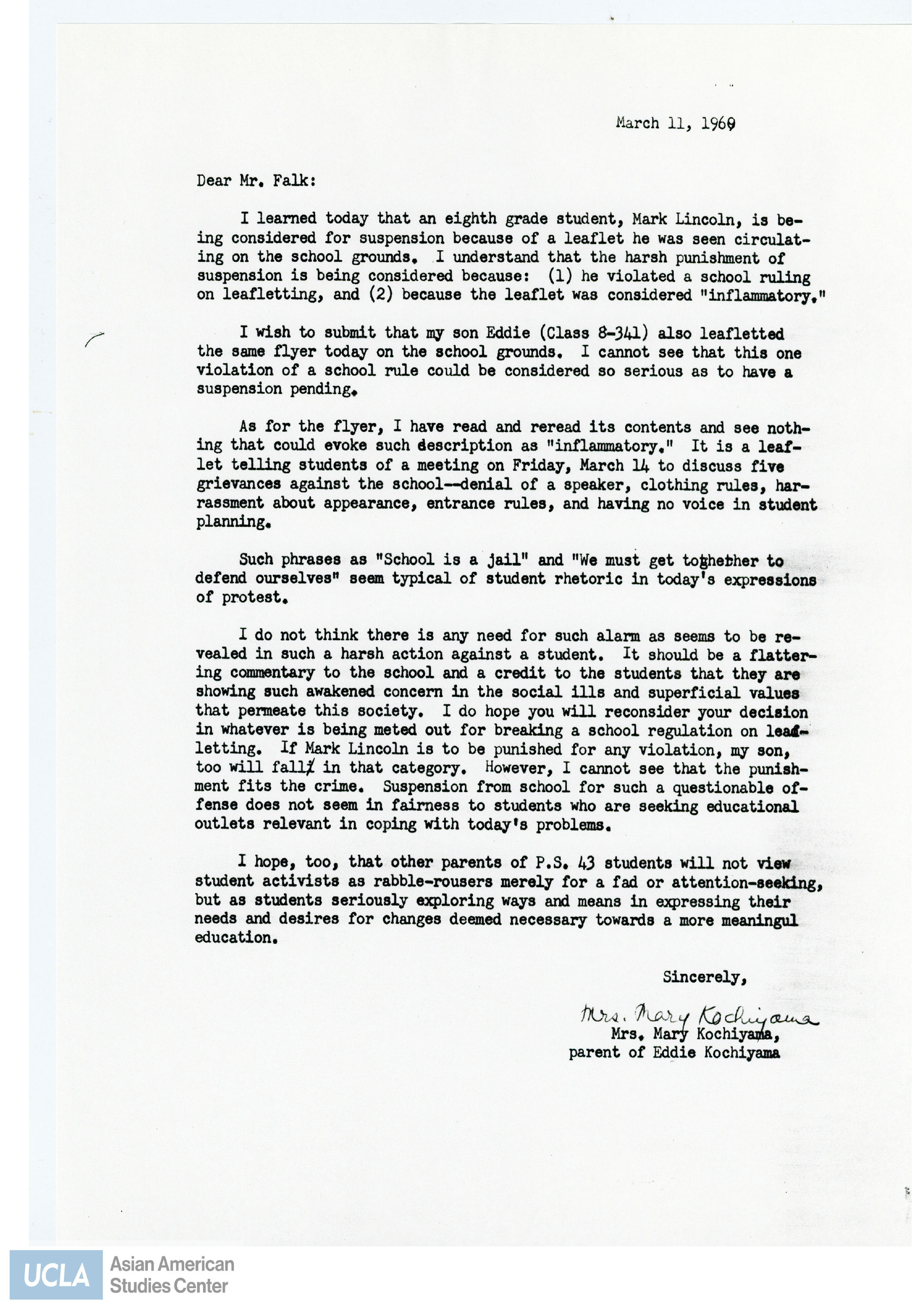 Letter regarding the punishment of a student for passing leaflets at school.