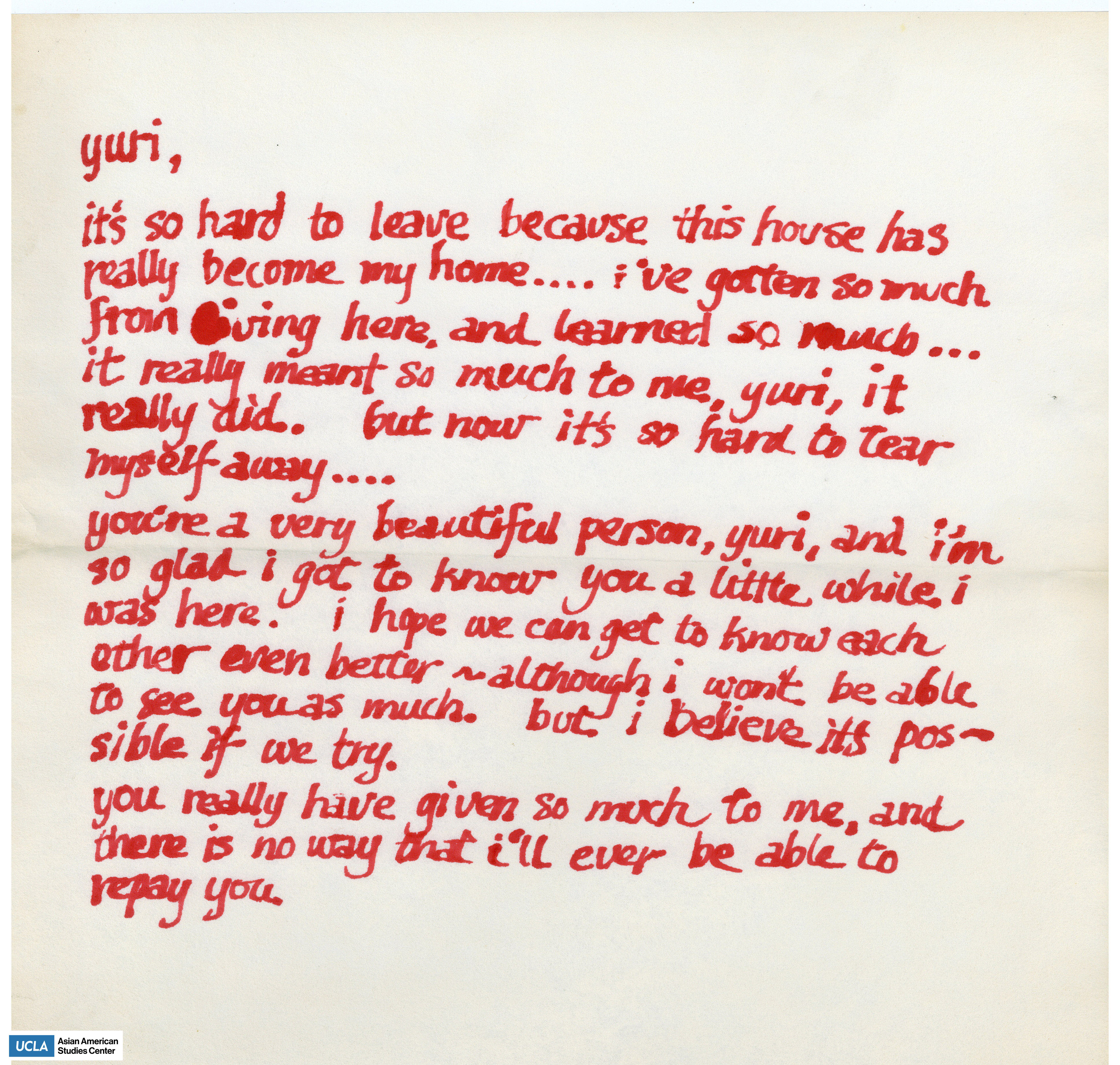 Letter regarding leaving and being glad to have known Yuri.