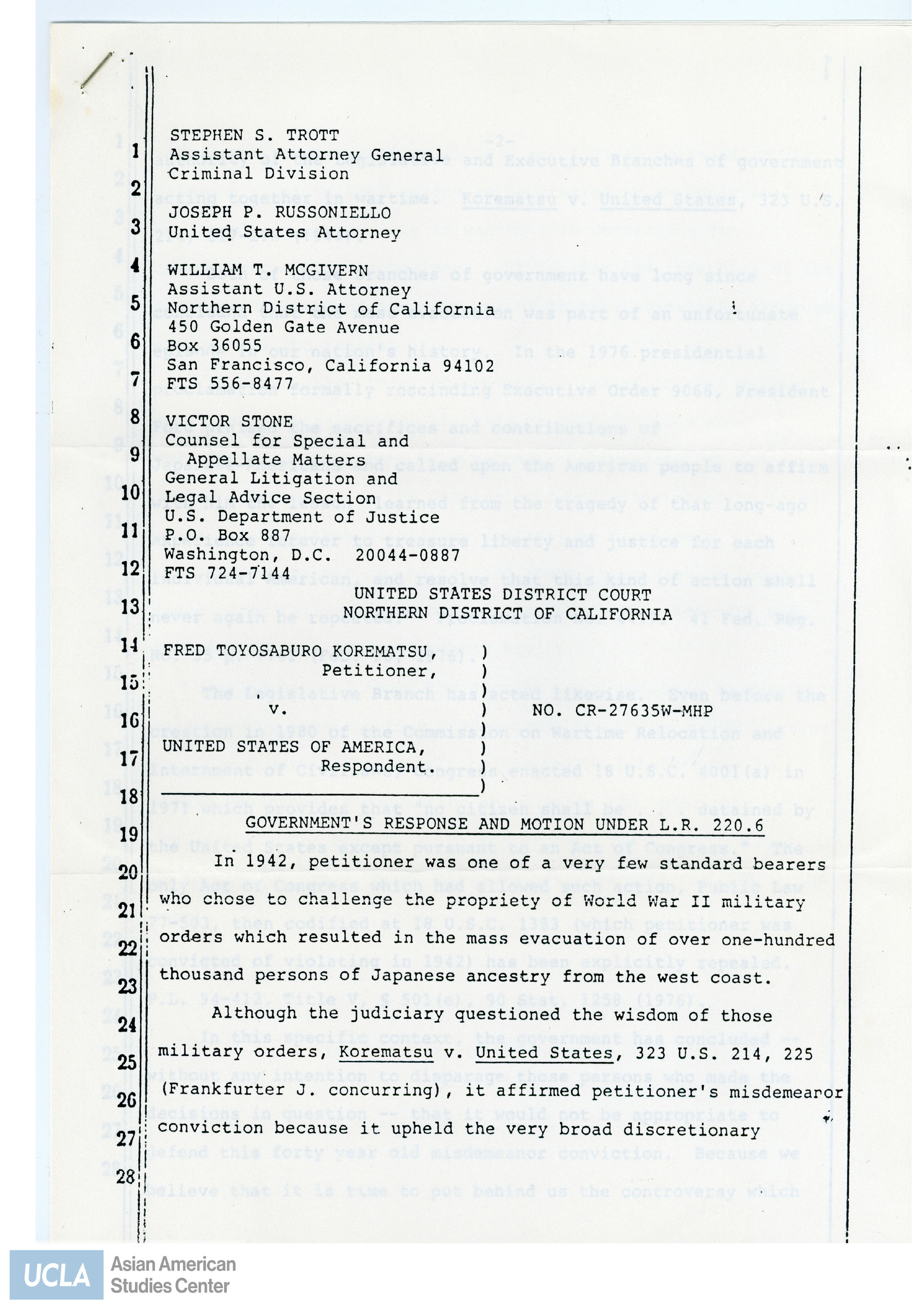 Petitioner, Fred Toyosaburo Korematsu to dismiss previous convictions versus the United States.