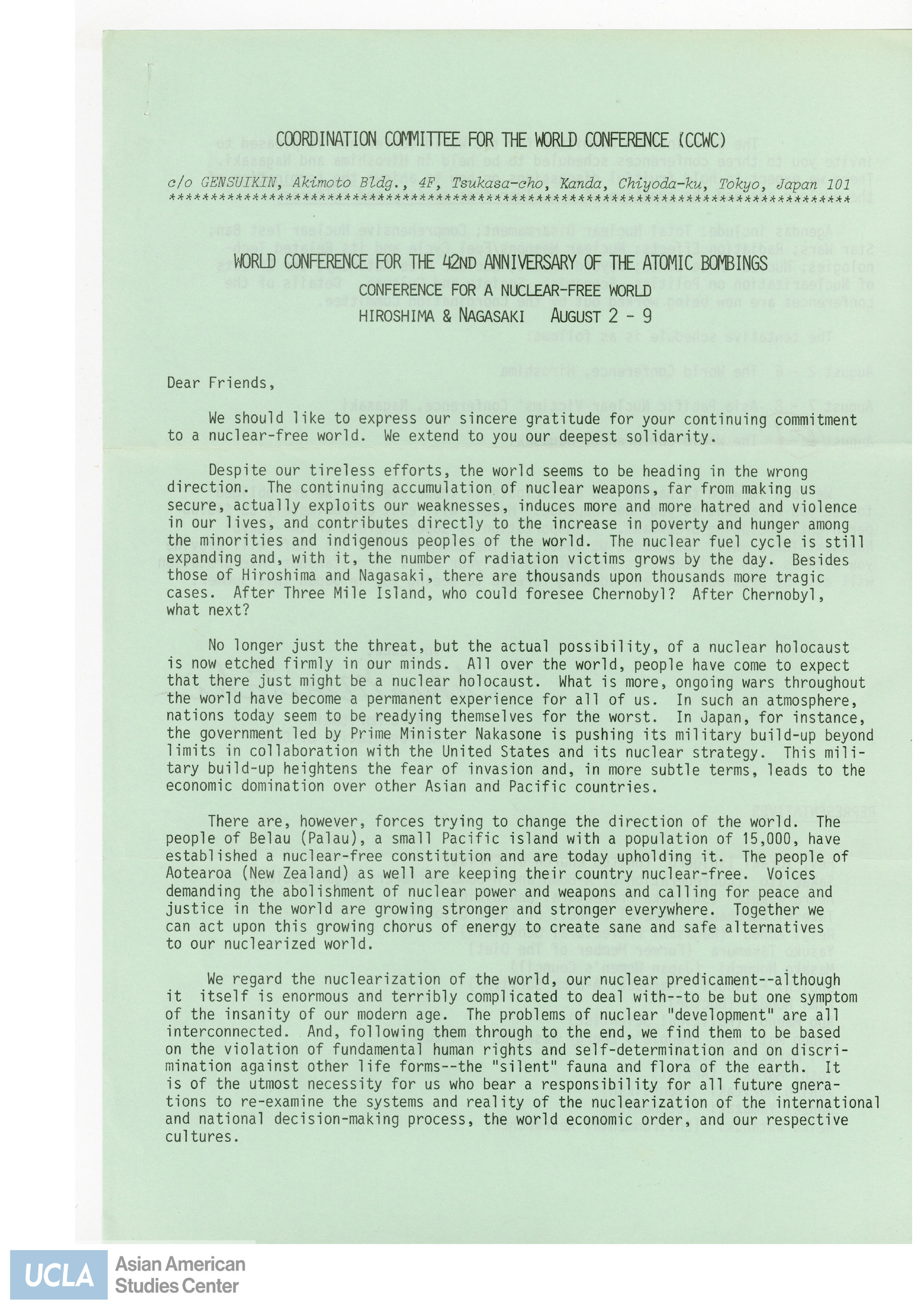 Letter from the Coordination Committee for the World Conference (CCWC) for the 42nd anniversary of the Hiroshima and Nagasaki atomic bombings.