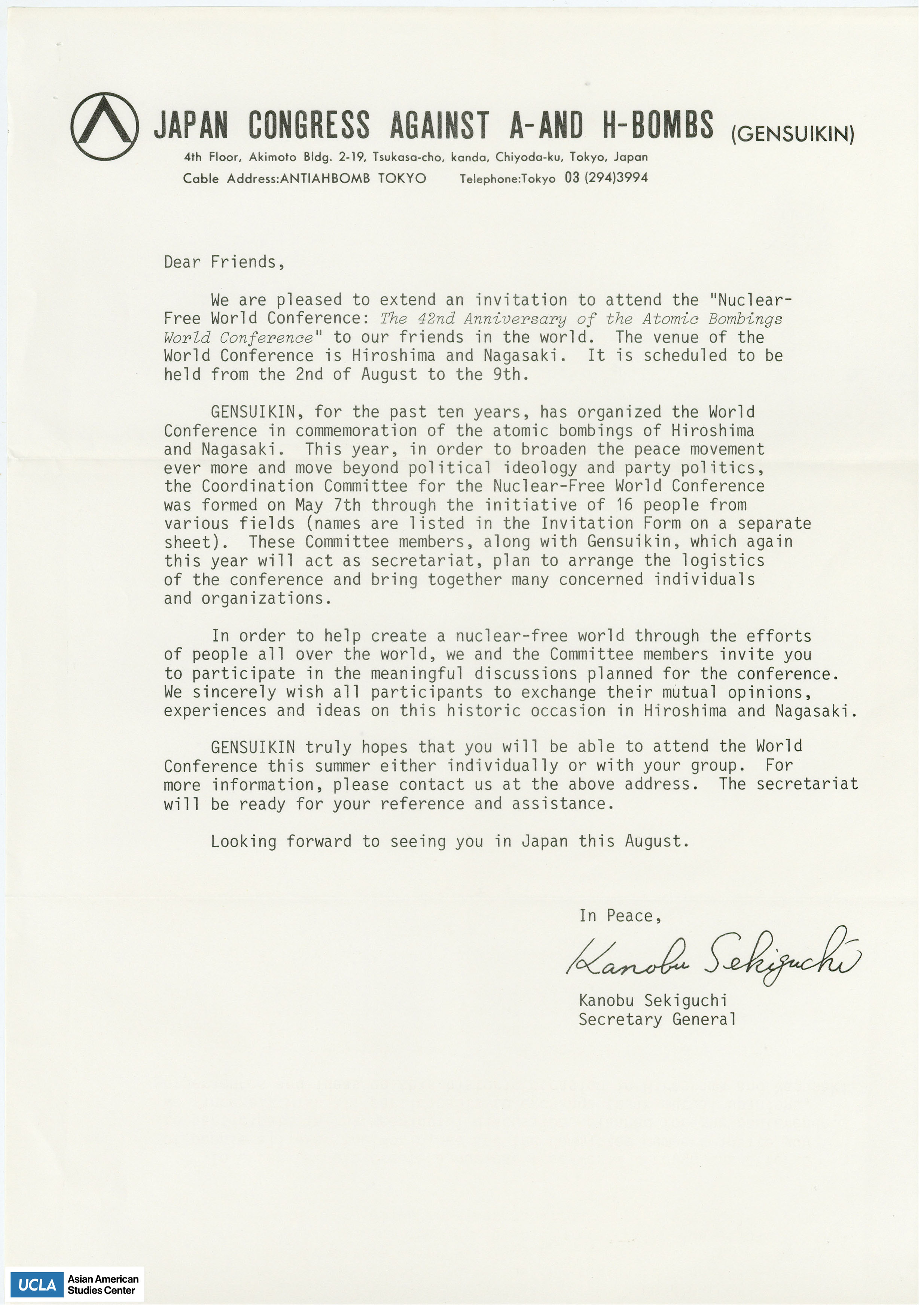Letter regarding the invitation to the 42nd Anniversary of the Atomic Bombings World Conference from Japan Congress Agaisnt A- and H-Bombs (Gensuikin).