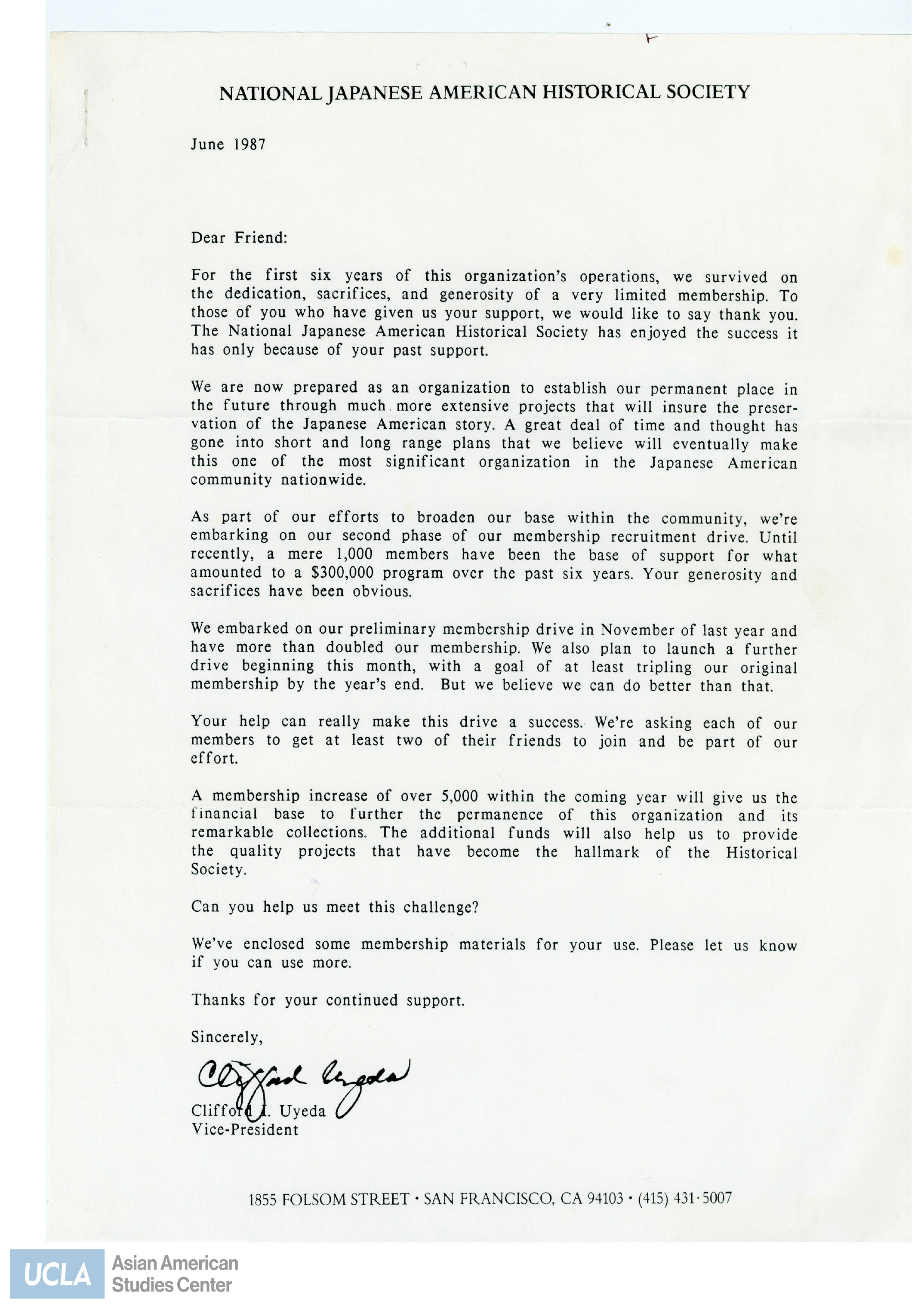 Letter regarding support for membership at the National Japanese American Historical Society.