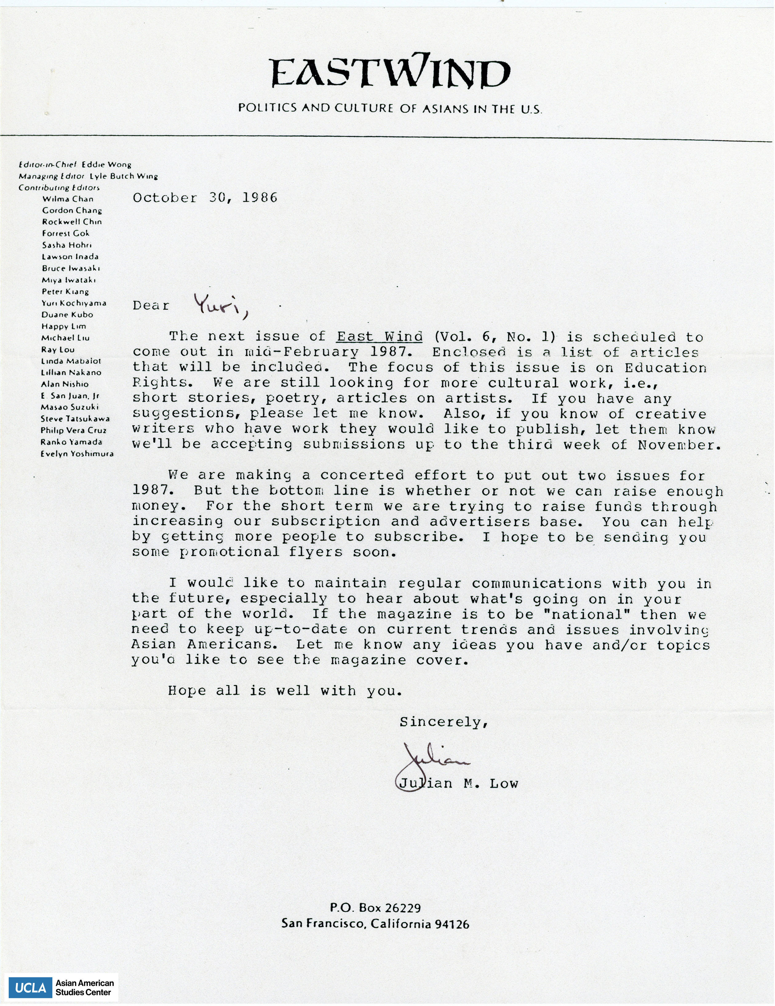 Letter regarding the next issue of East Wind.