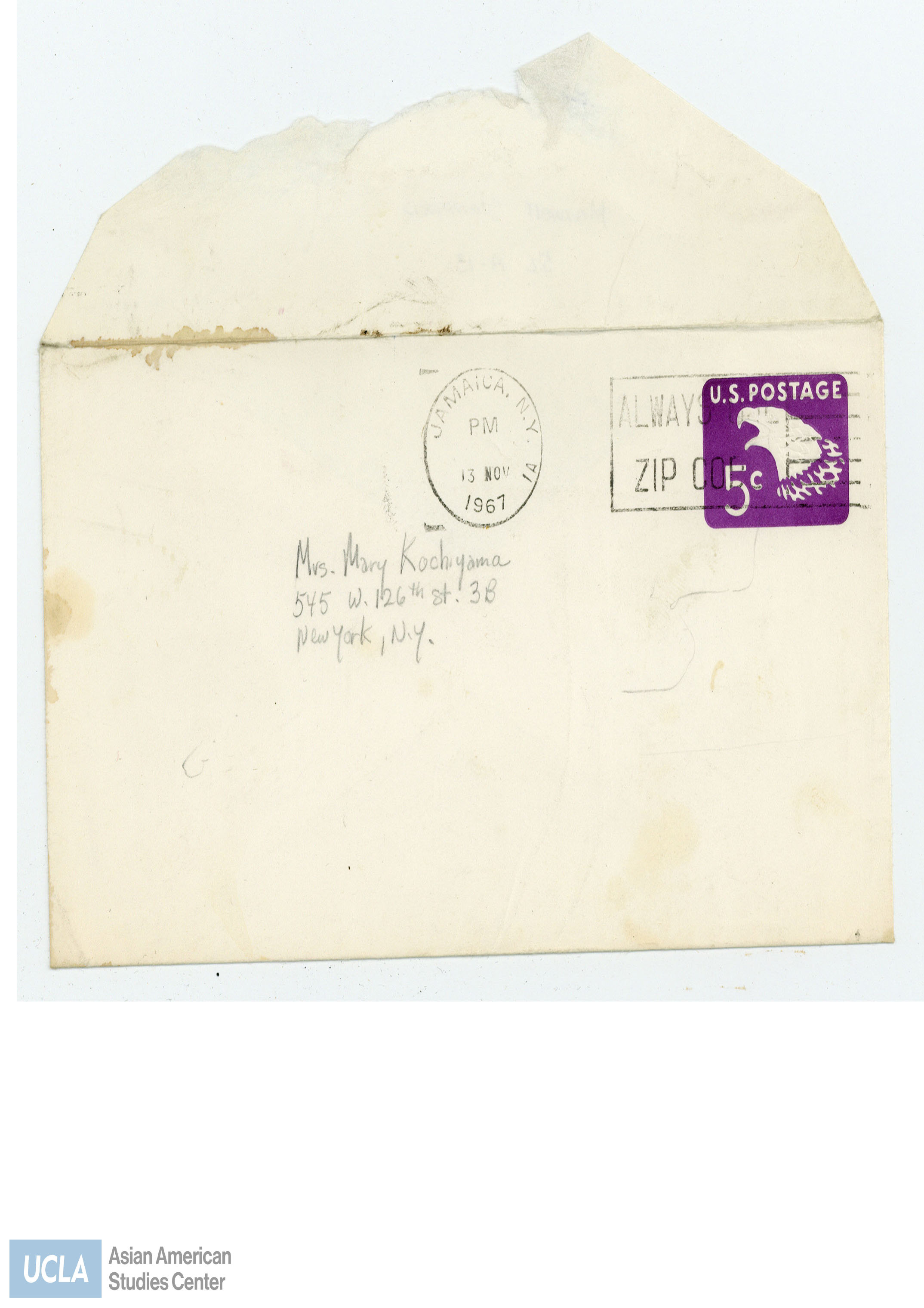 Envelope addressed to Yuri from Maxwell Stanford. Postmarked on November 13, 1967.