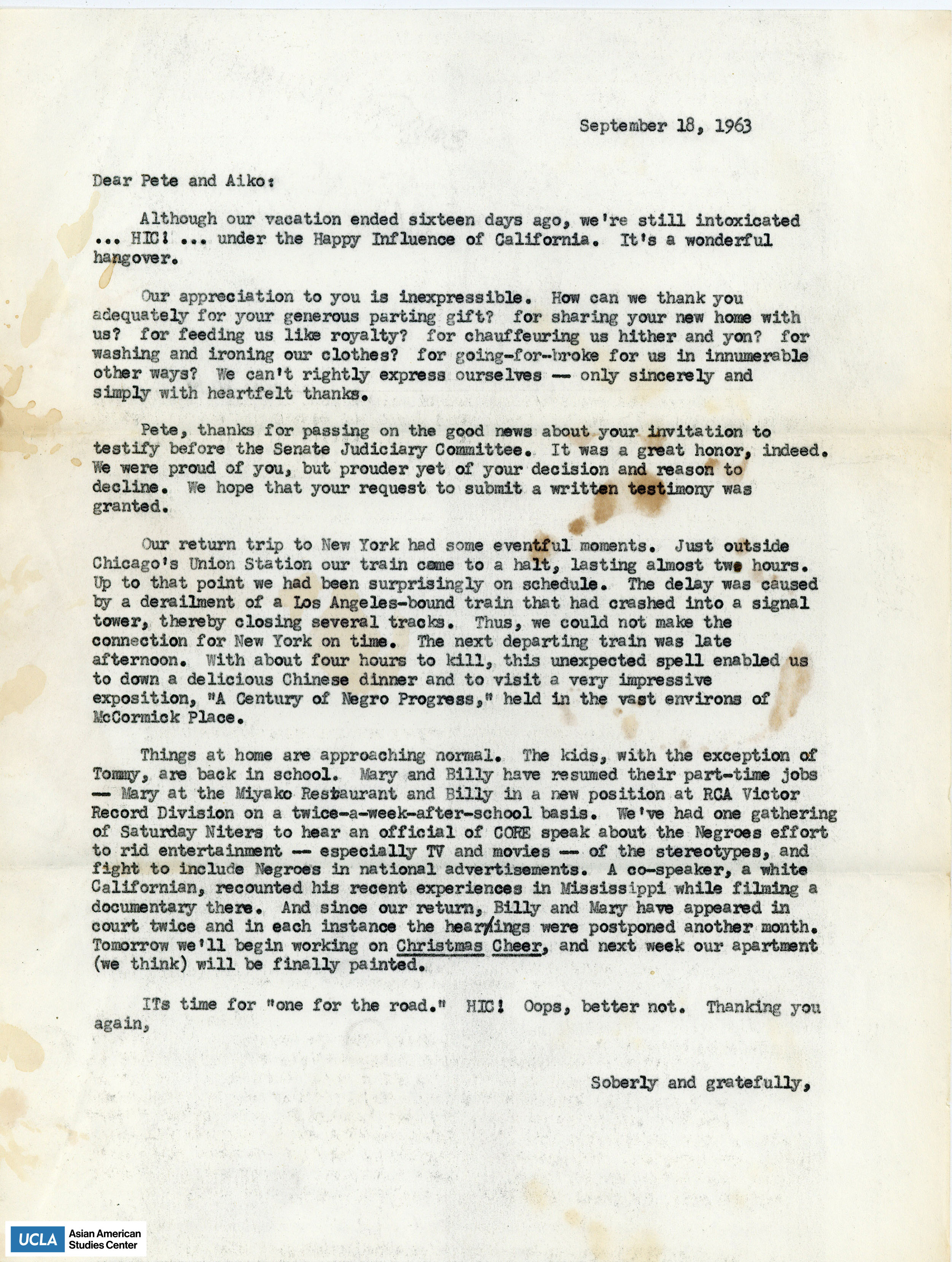 Letter possibly written by Yuri is addressed to Yuri's twin brother Pete and his wife Aiko. The letter states Yuri's wonderful time in California and updates on the Kochiyama children.