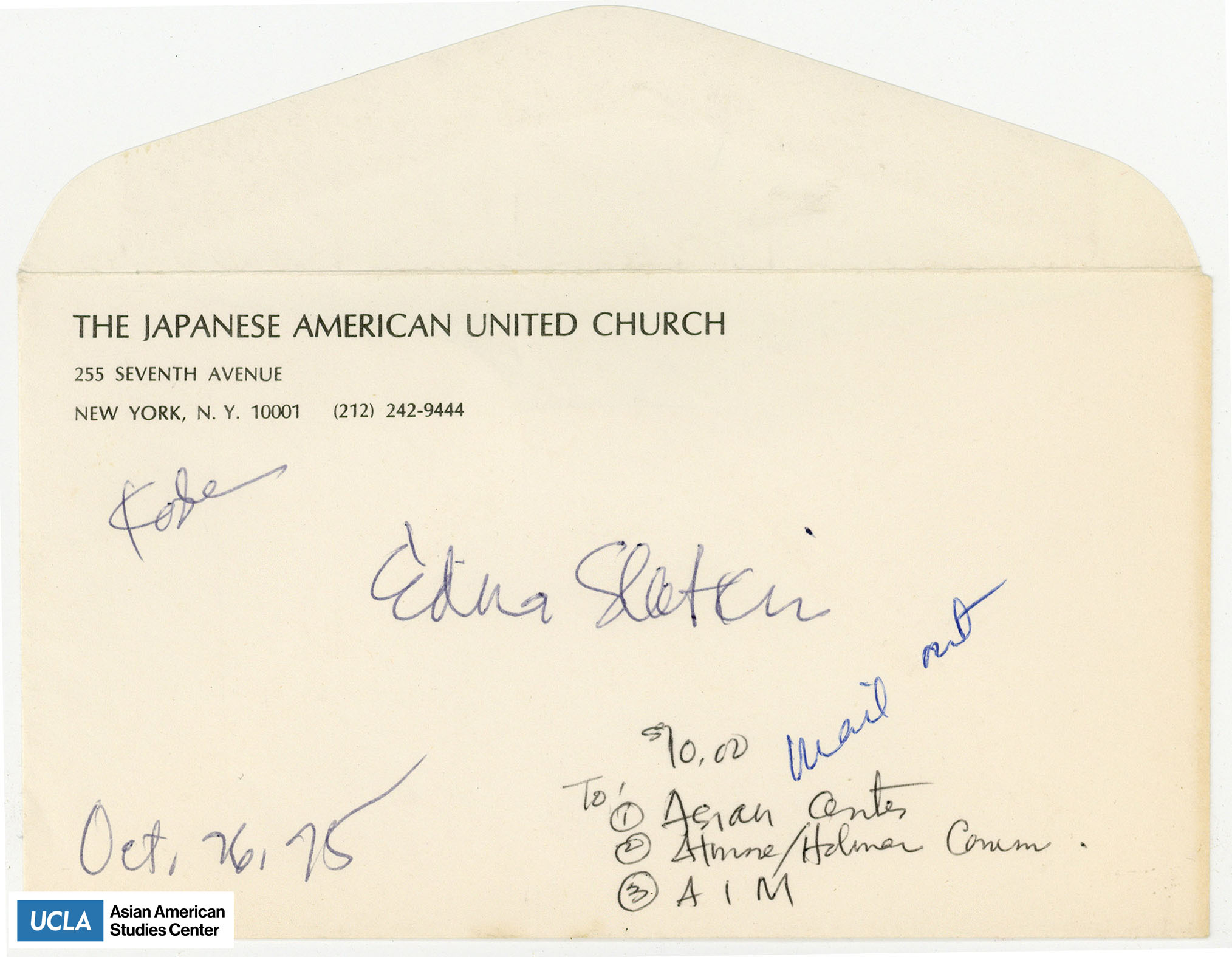 Envelope with handwritten notes. Includes writings of $10 donations to various organizations.
