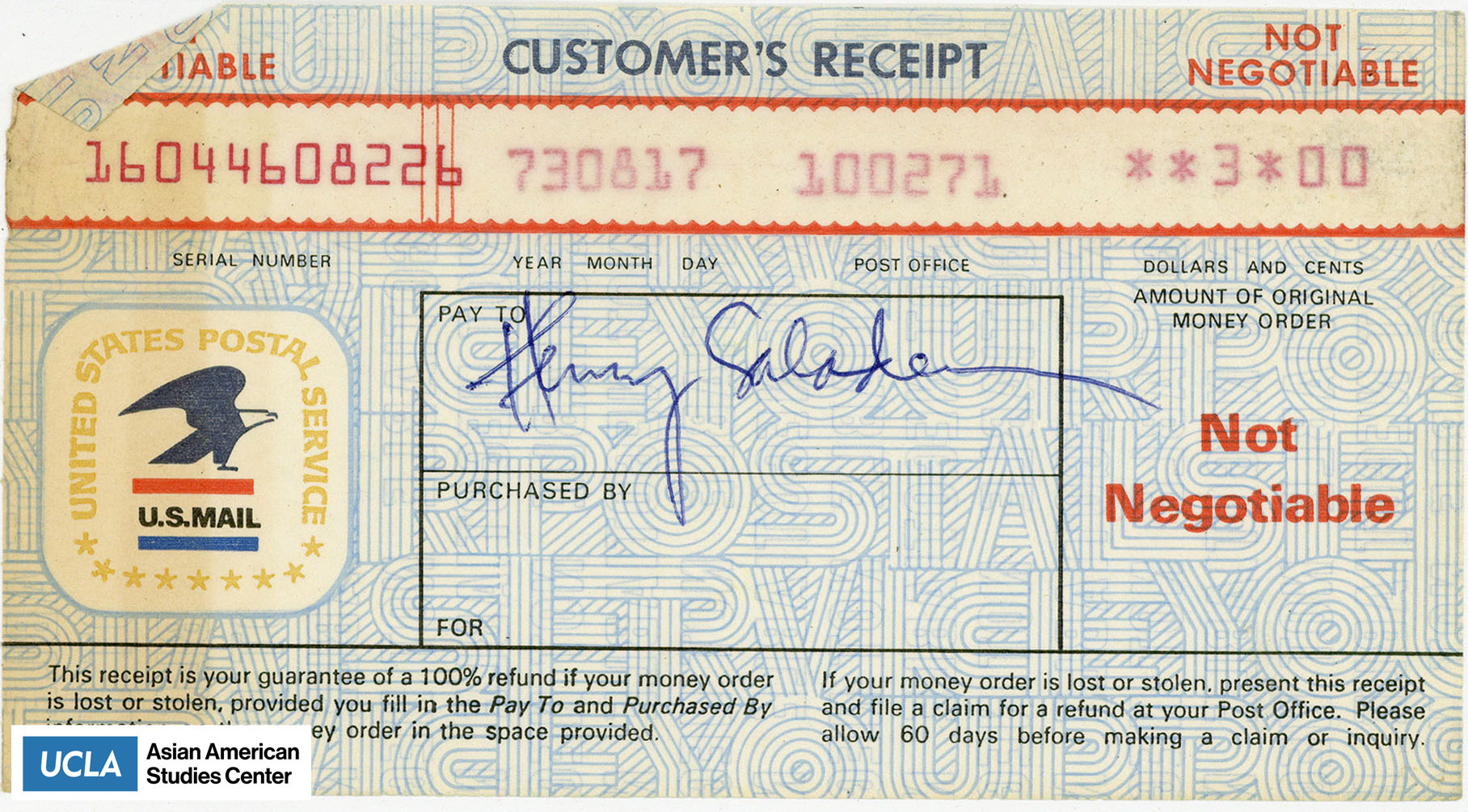 Receipt from the U.S. Postal Service with the amount of $3.00.