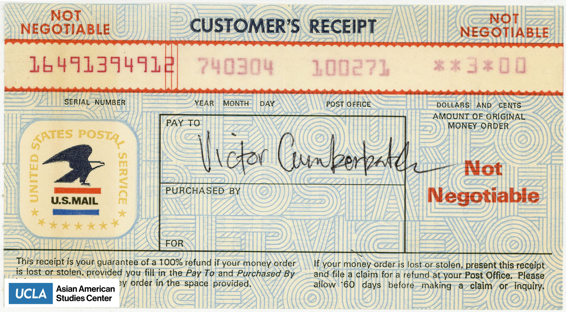 Receipt from the U.S. Postal Service with the amount of $3.00. Payed to Victor Cumberbatch.