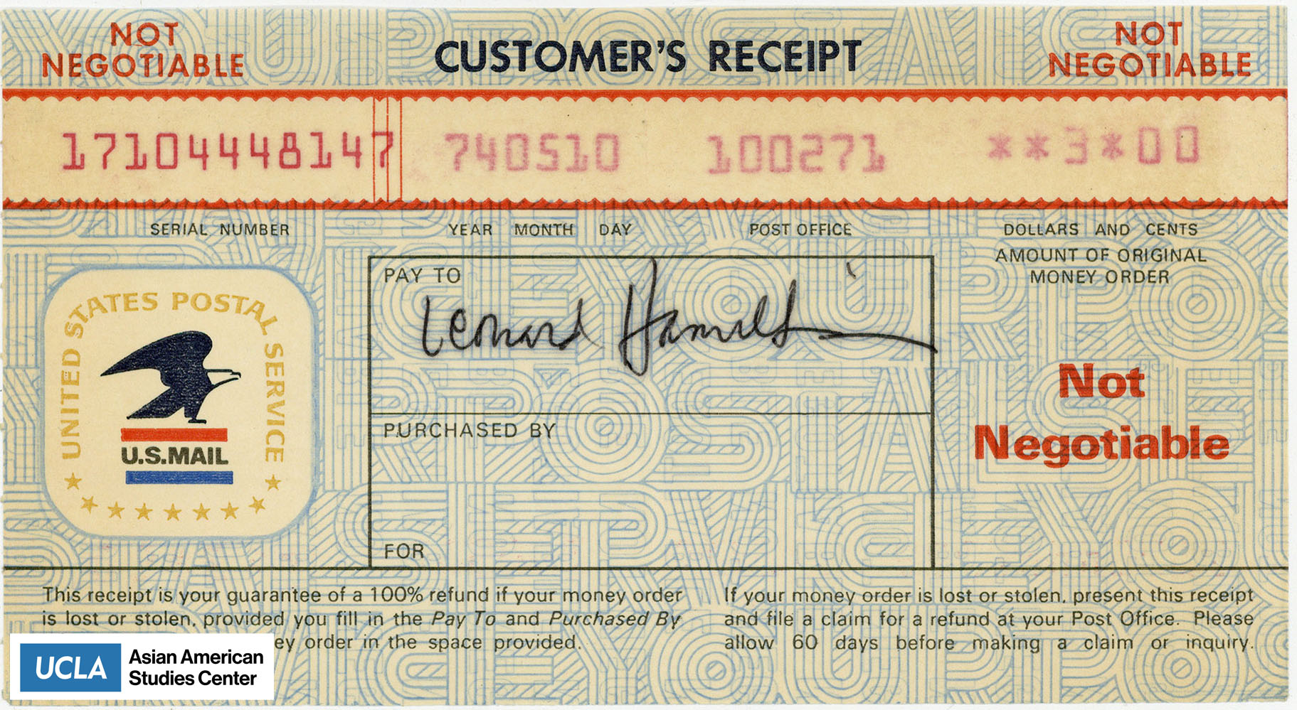 Receipt from the U.S. Postal Service with the amount of $3.00. Payed to Leonard Hamill.