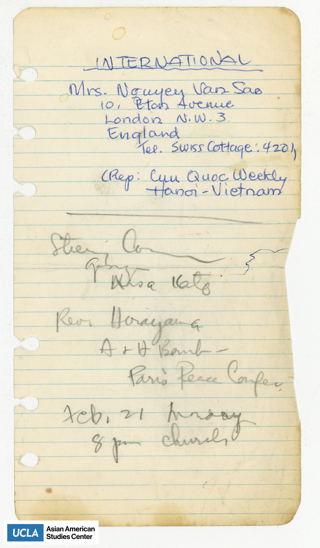 Address of Mrs. Nguyen San Sao in London, England.