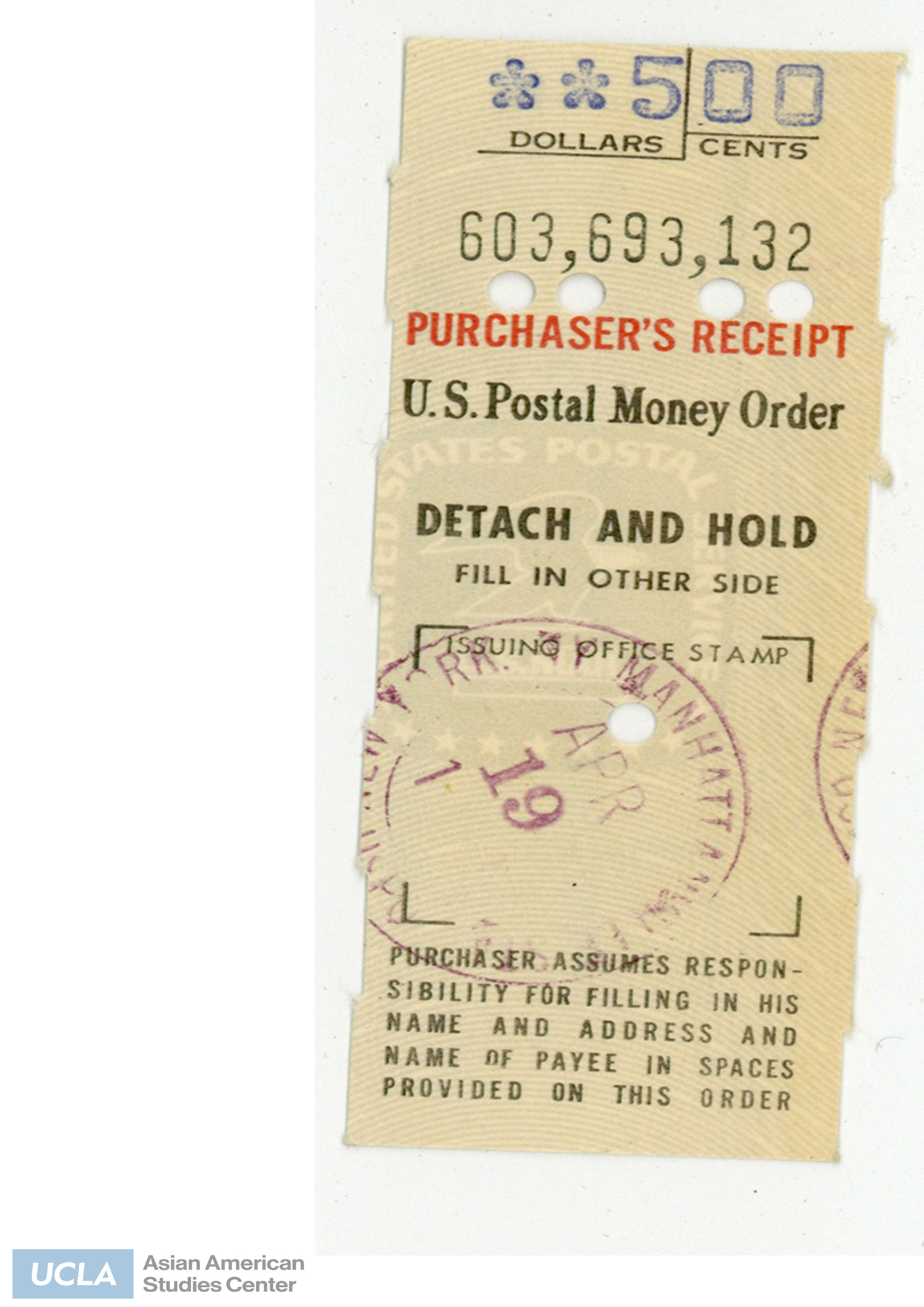 Purchaser's receipt in the amount of $5.00.