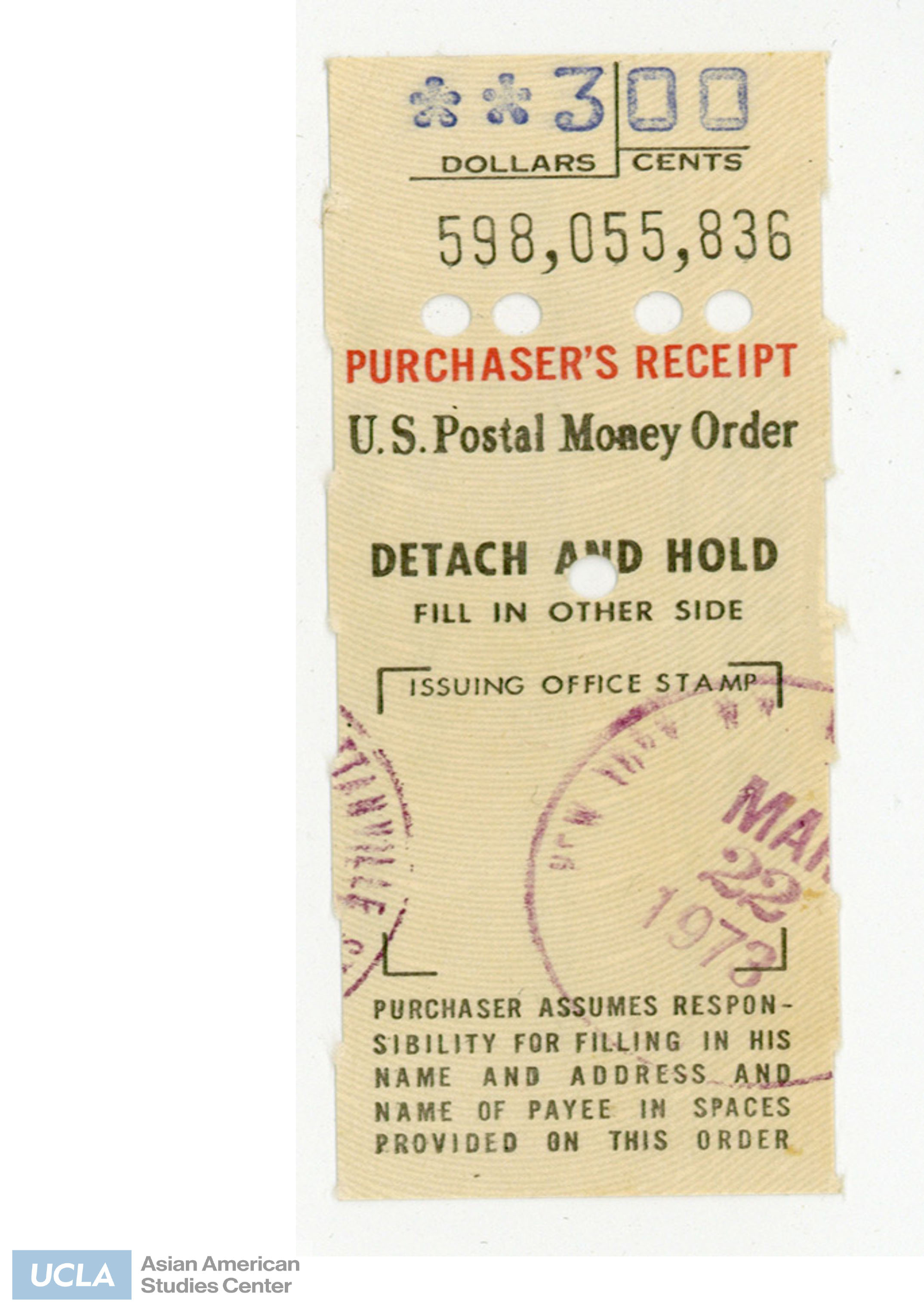 Purchaser's receipt in the amount of $3.00. Sent to David Moriyama.