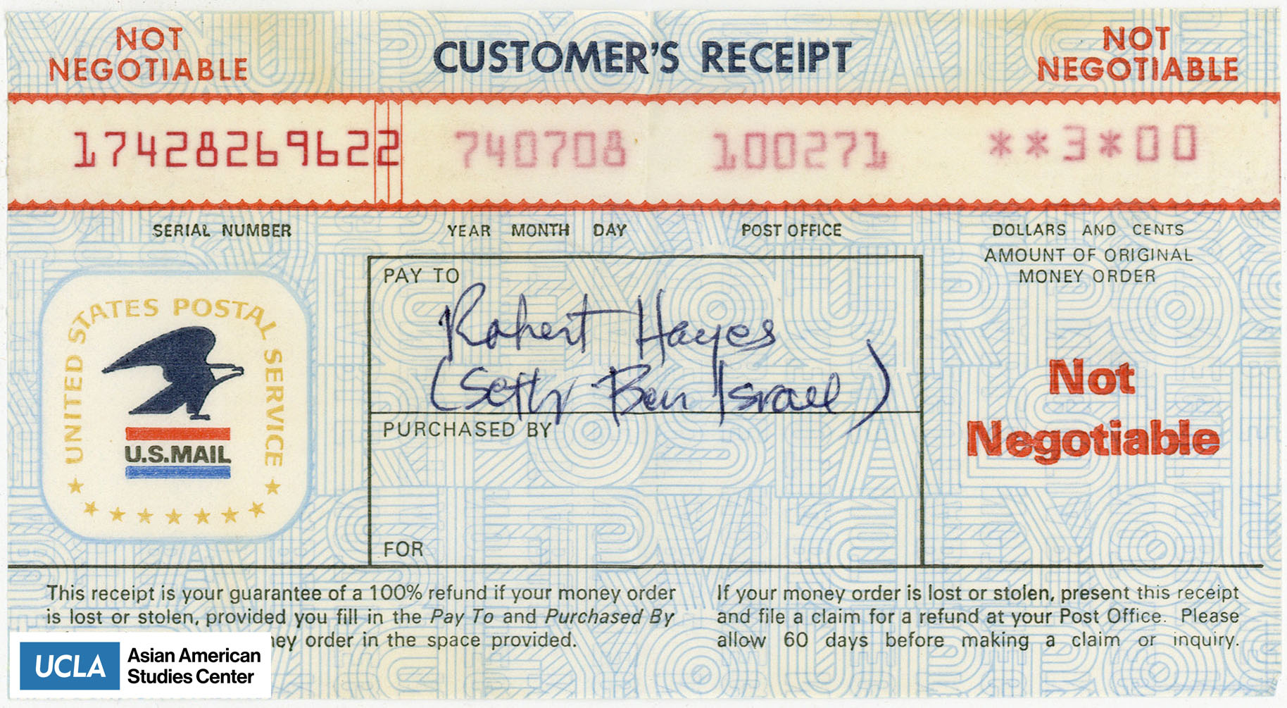Receipt from the U.S. Postal Service with the amount of $3.00. Payed to Robert Hayes (Seth Ben Israel).