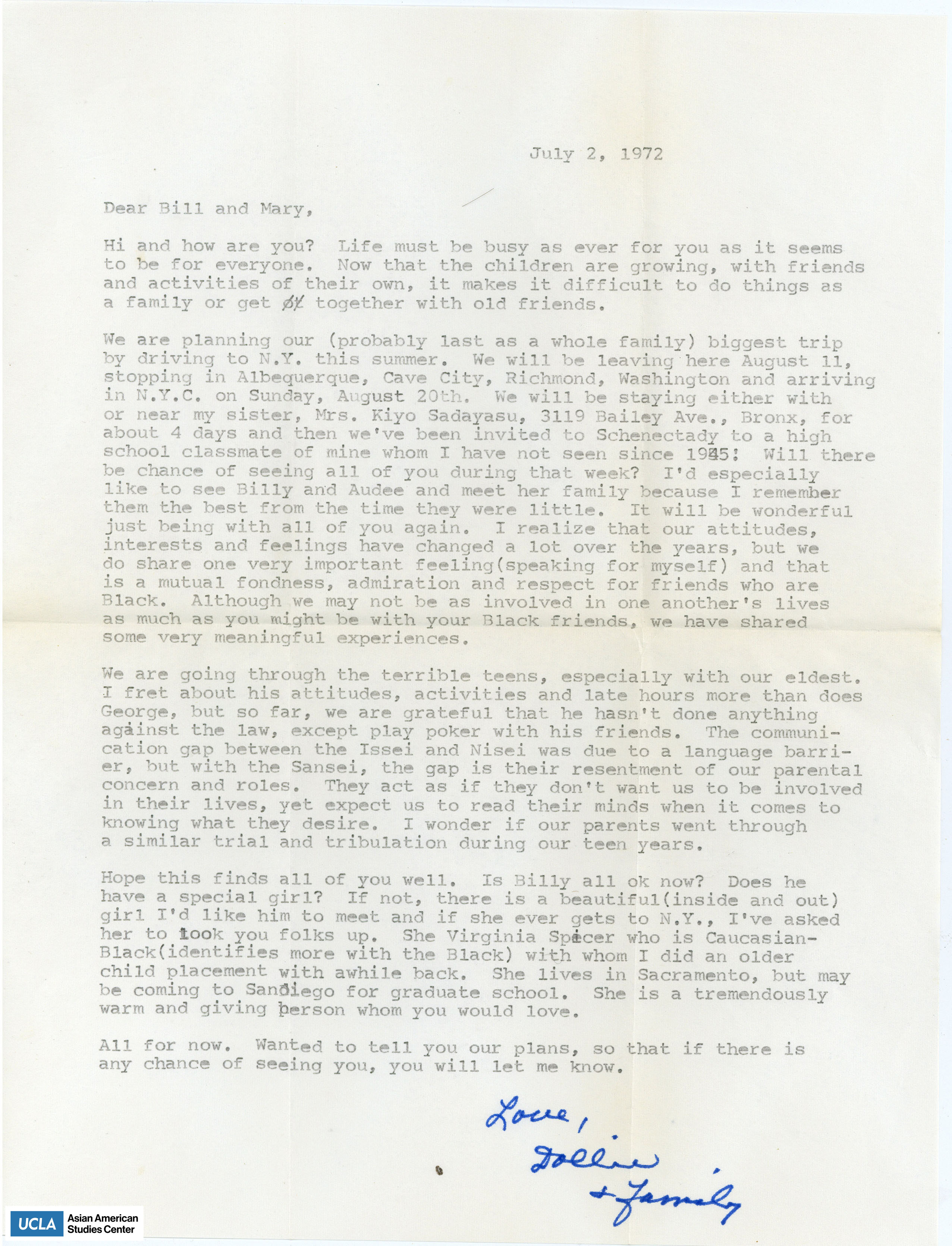 Letter regarding the possibility of meeting with Bill and Yuri during vacation to New York.