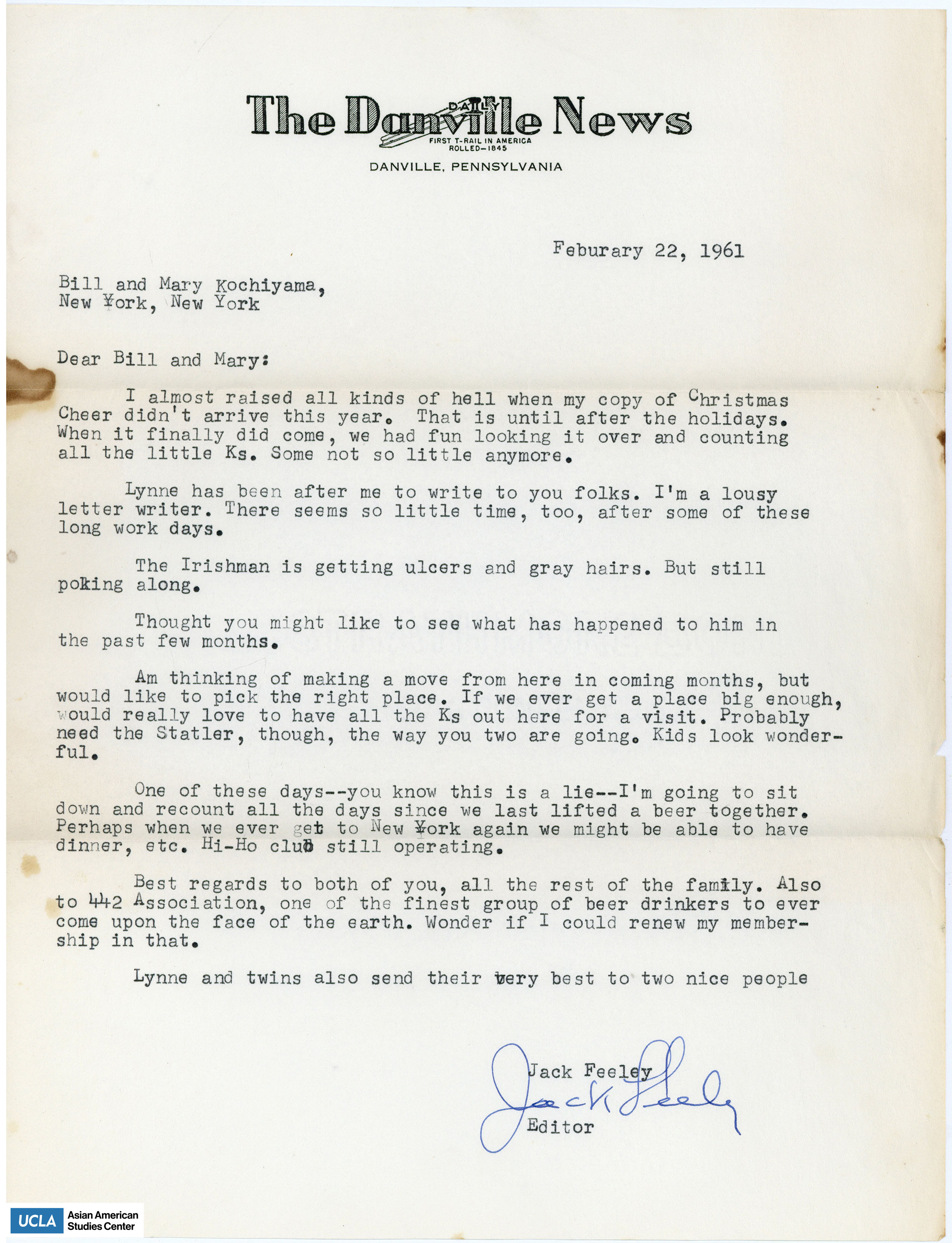 Letter regarding receiving the Christmas Cheer newsletter and the possibility of moving.