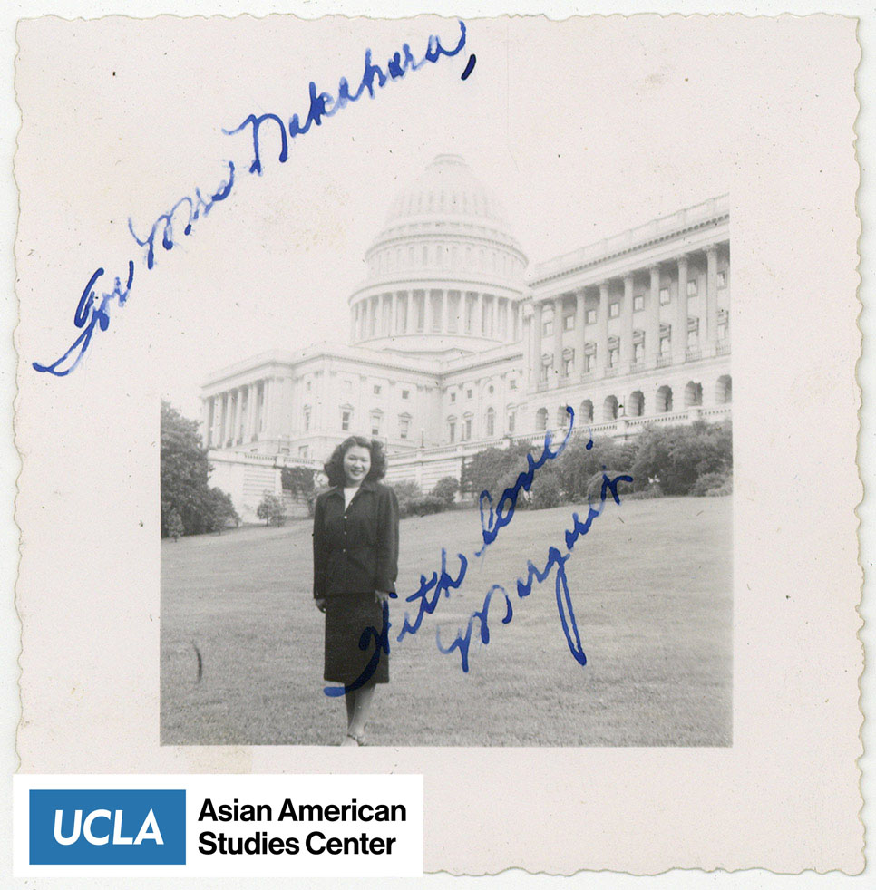 Margaret stands infront of the United States Capital. Text includes: 