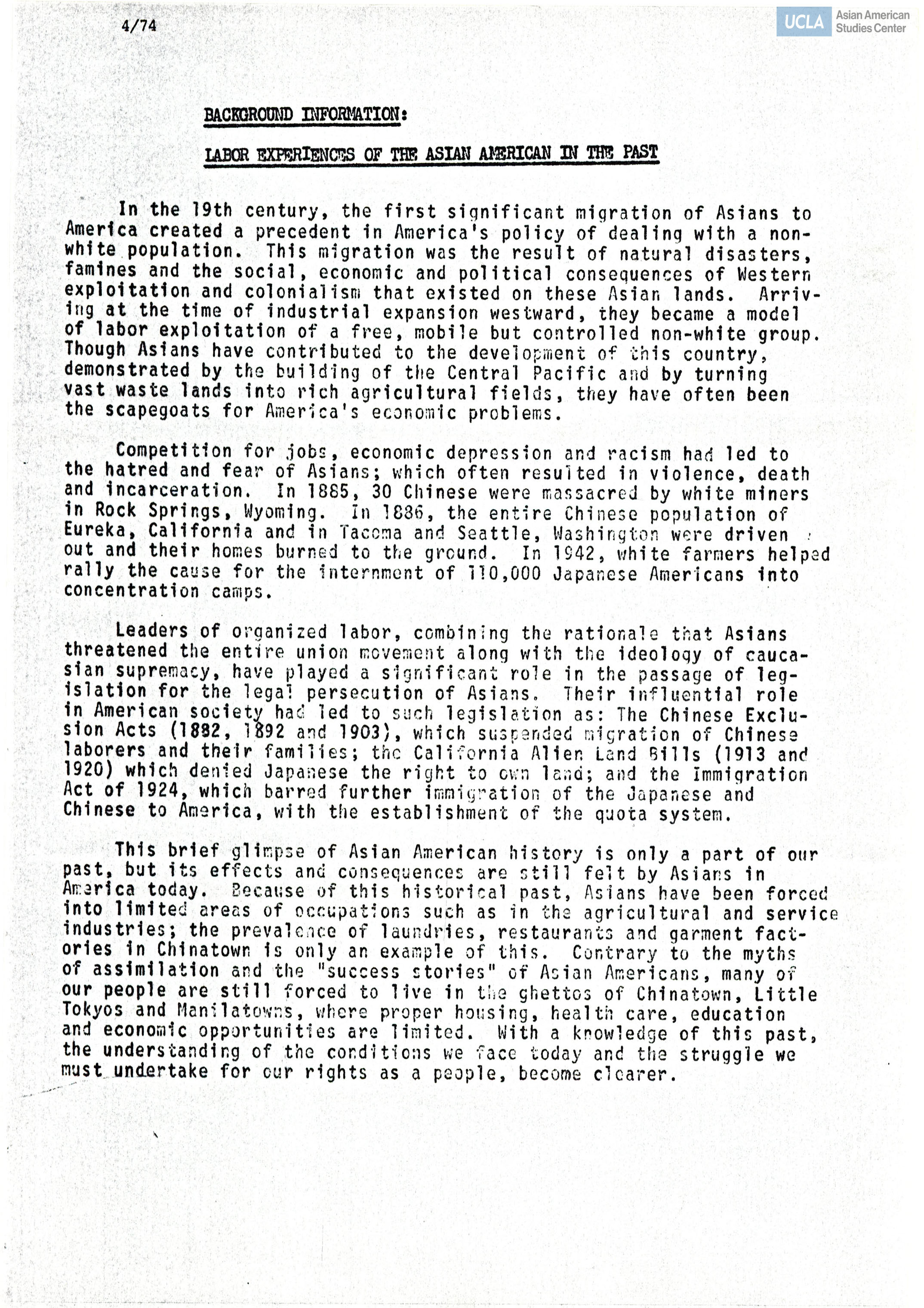 Background information and brief history of job market and labor experiences of Asian Americans.