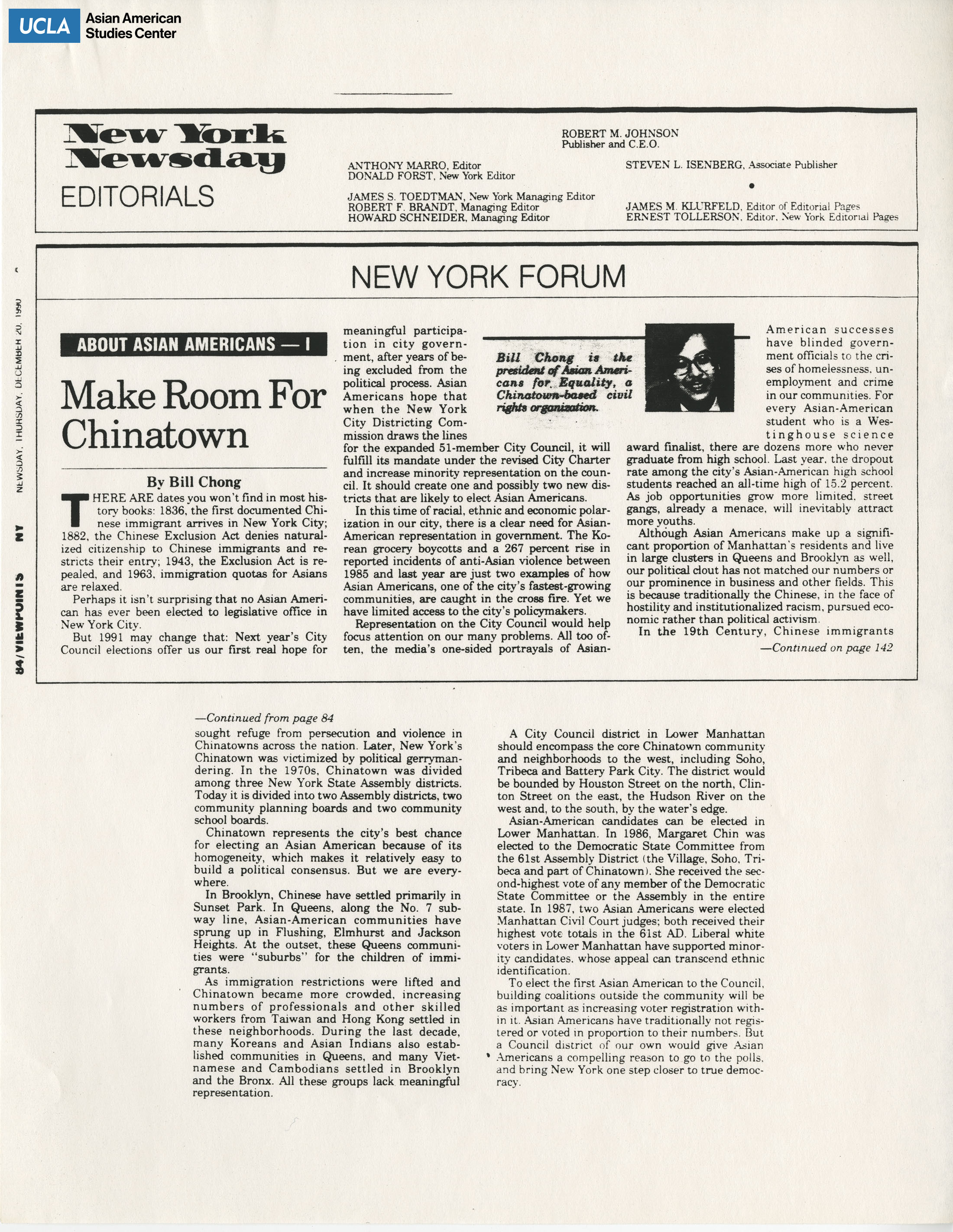 Bill Chong addresses lack of Asian American representation in government and city council in New York Newsday.