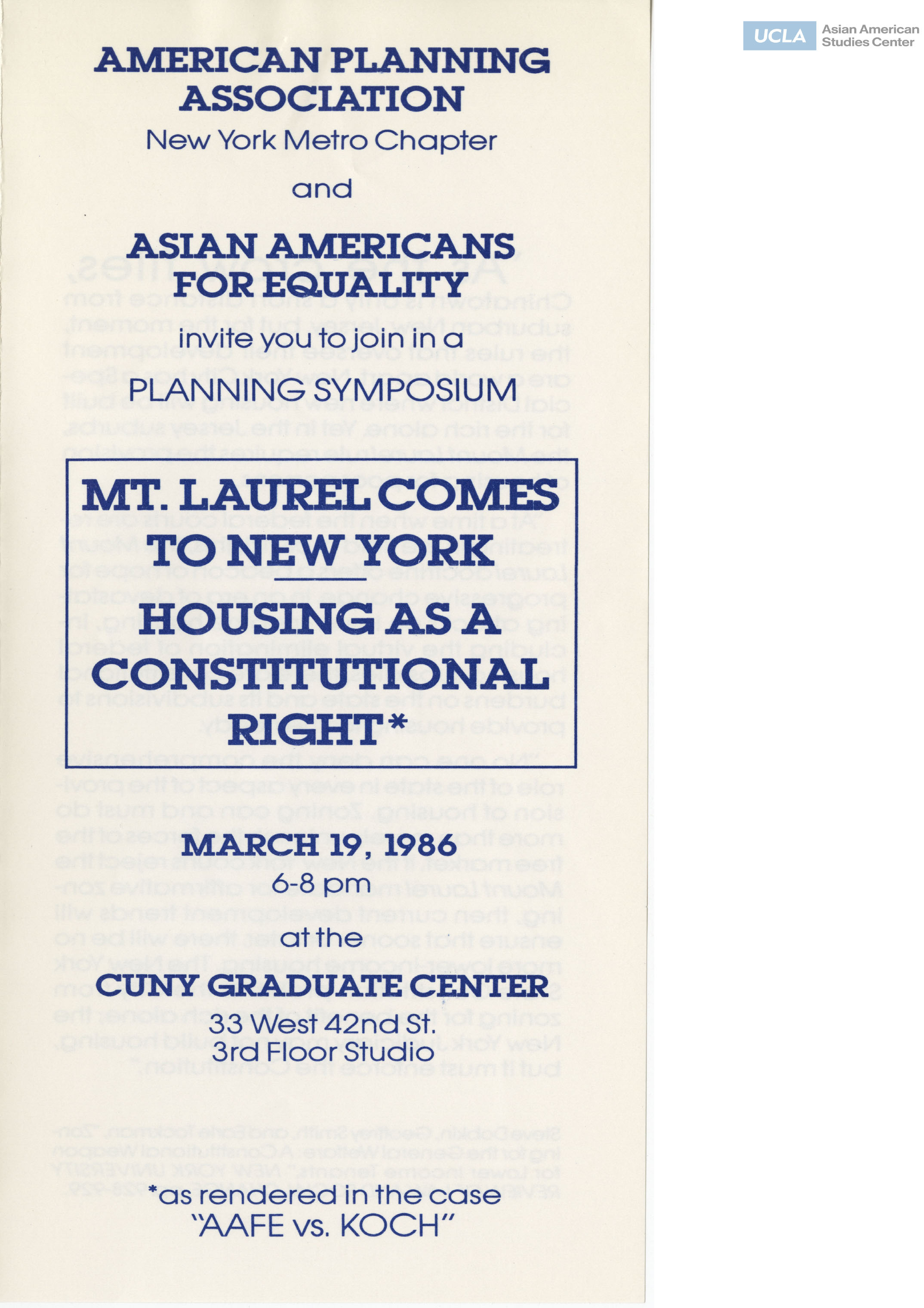 American Planning Association and Asian Americans for Equality leaflet regarding discussions on the Mount Laurel Doctrine and housing as a constitutional right.