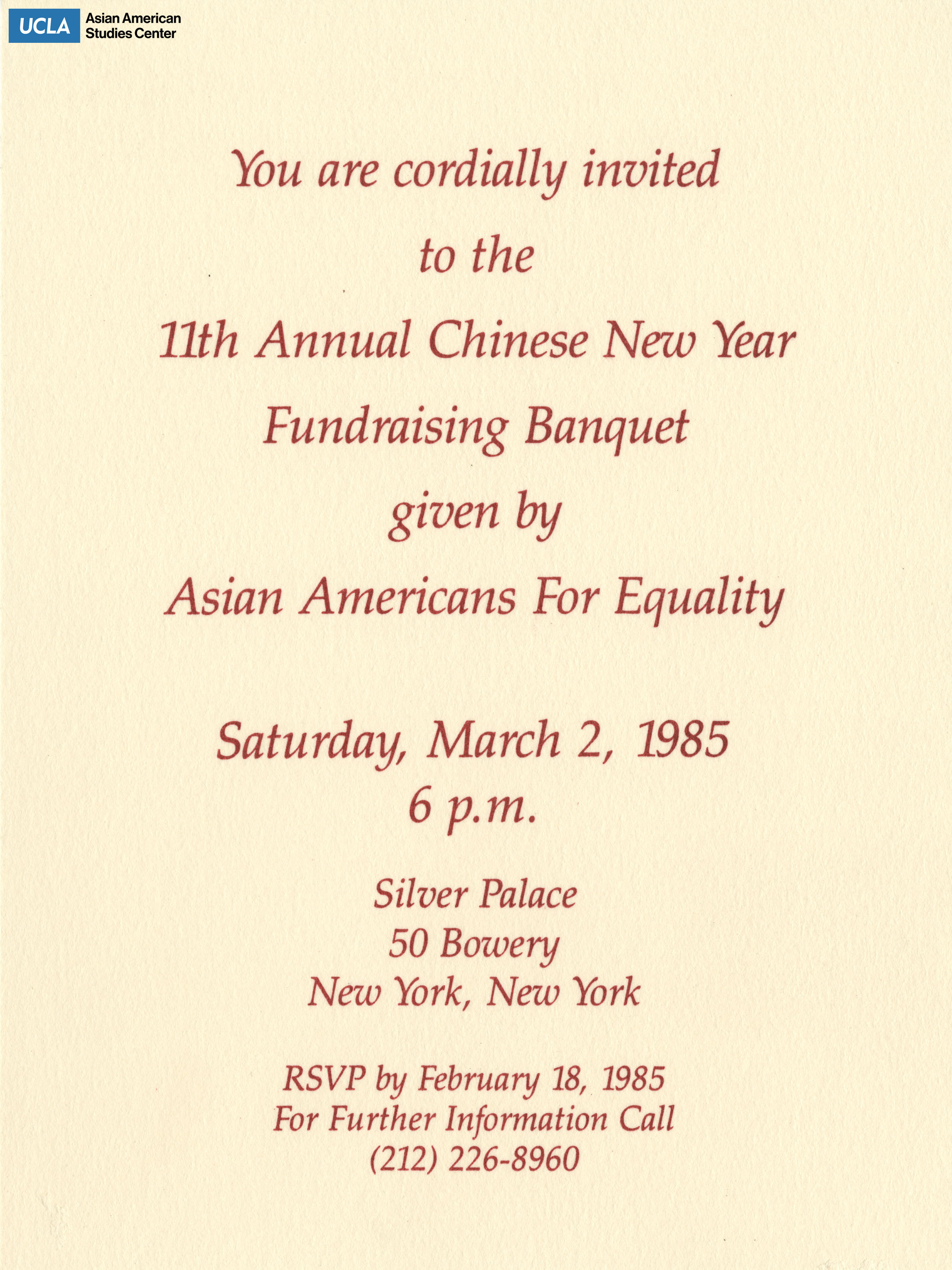 An invitation to the Annual Chinese New Year fundraising banquet. Organized by Asian Americans for Equality.