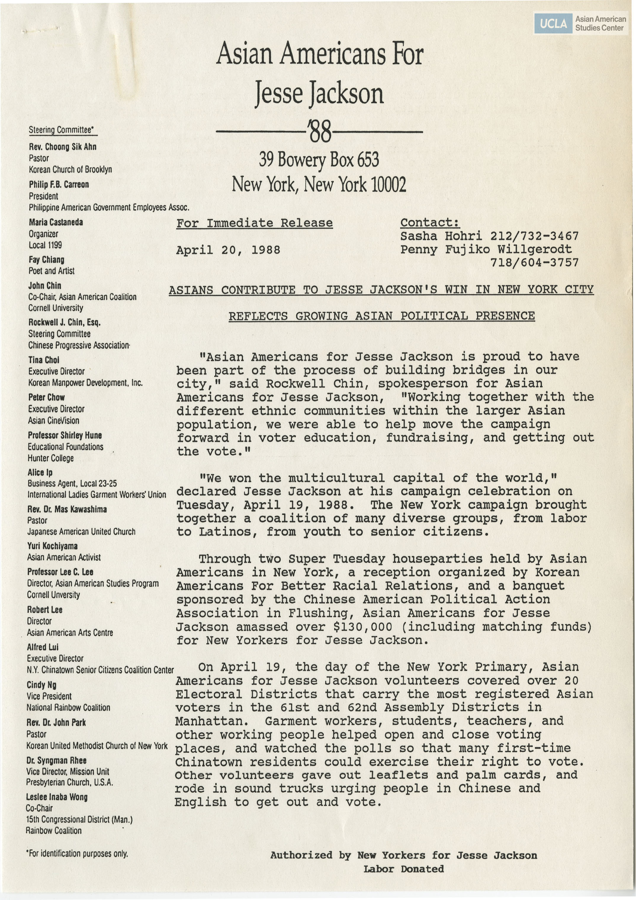 Press release of Asian Amercans in support of Jesse Jackson's presidential race.