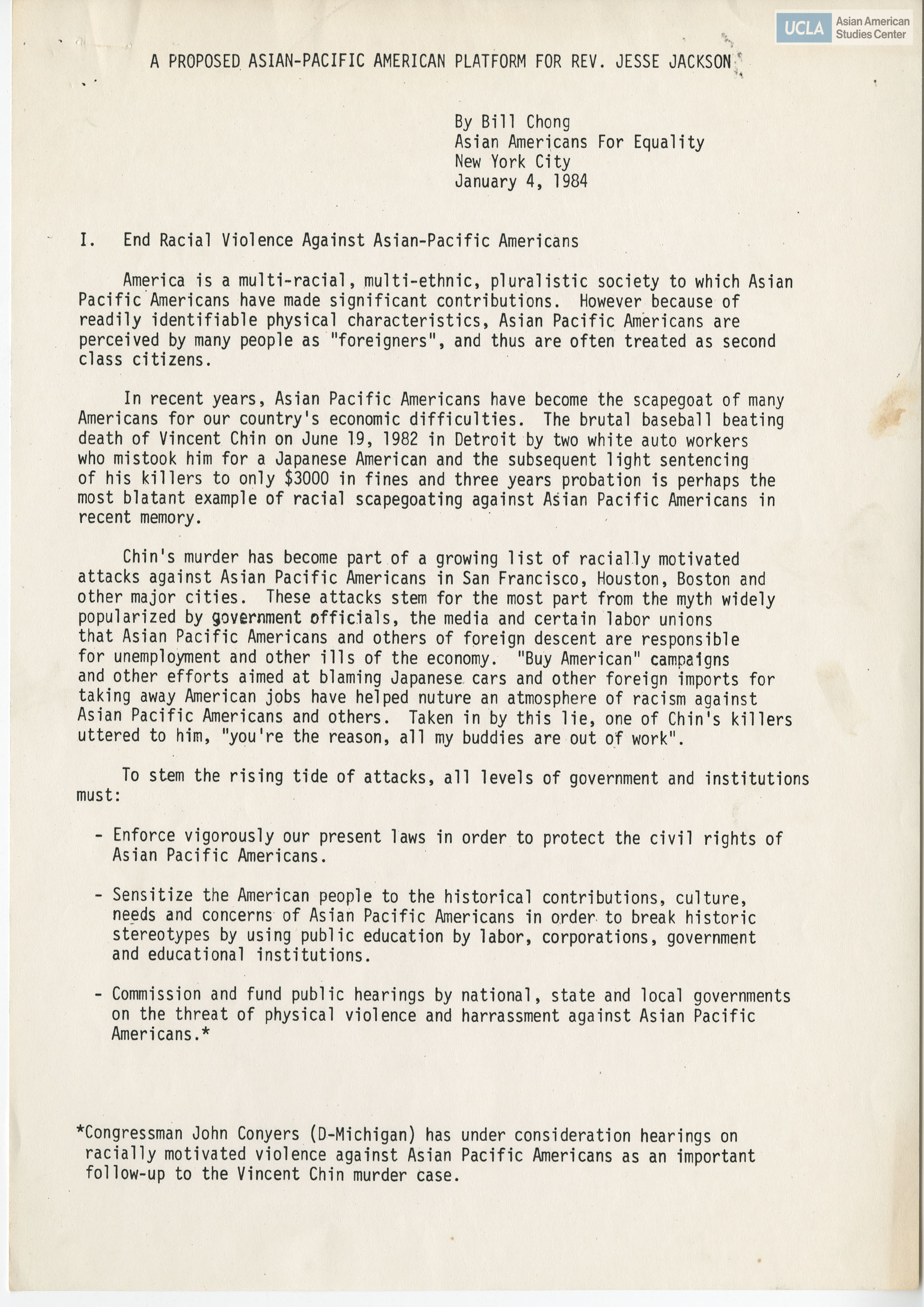 Bill Chong, President of Asian Americans for Equality, addresses a proposal to Jesse Jackson.