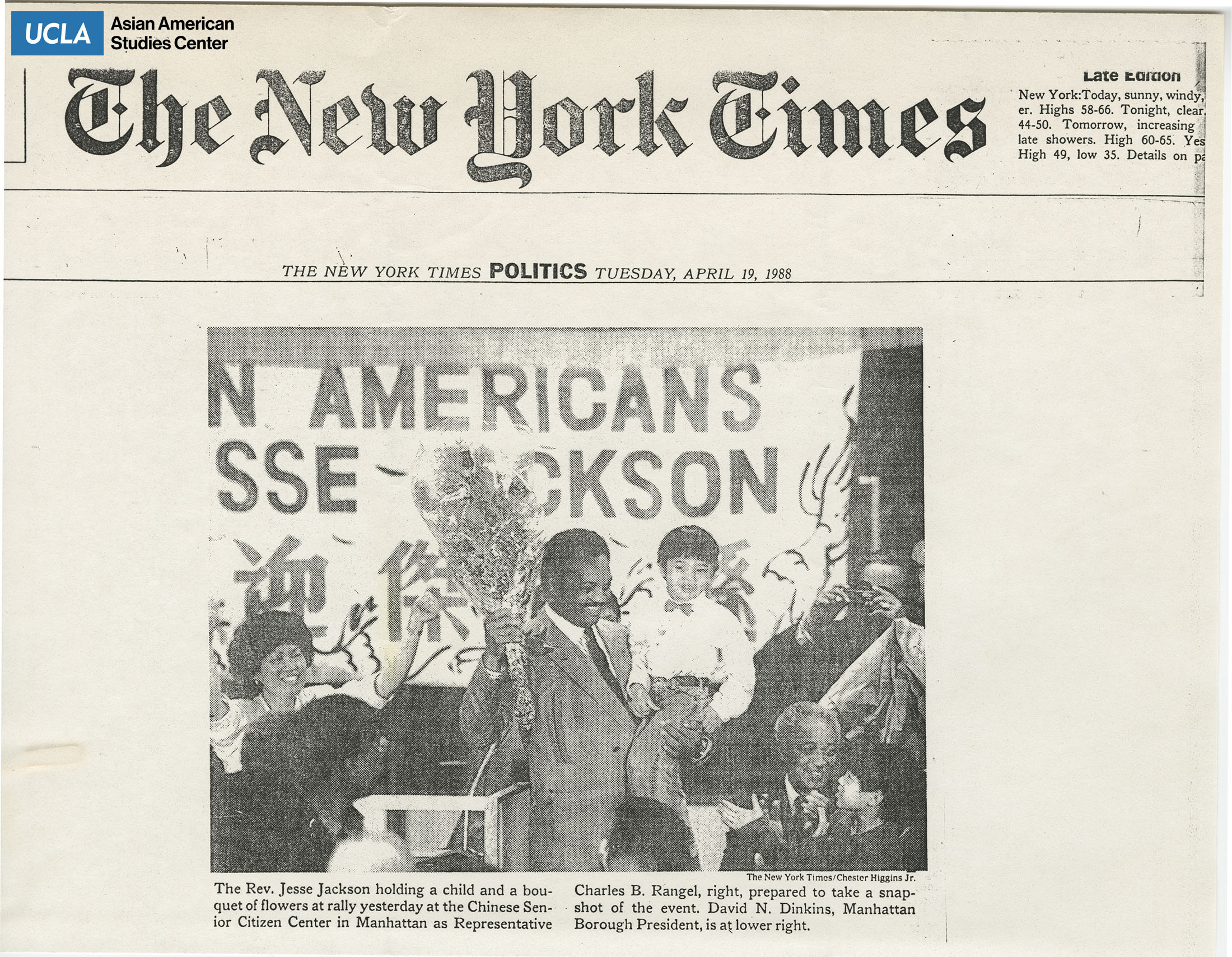 Clipping regarding Jesse Jackson holds child and flowers at Chinese Senior Center event.