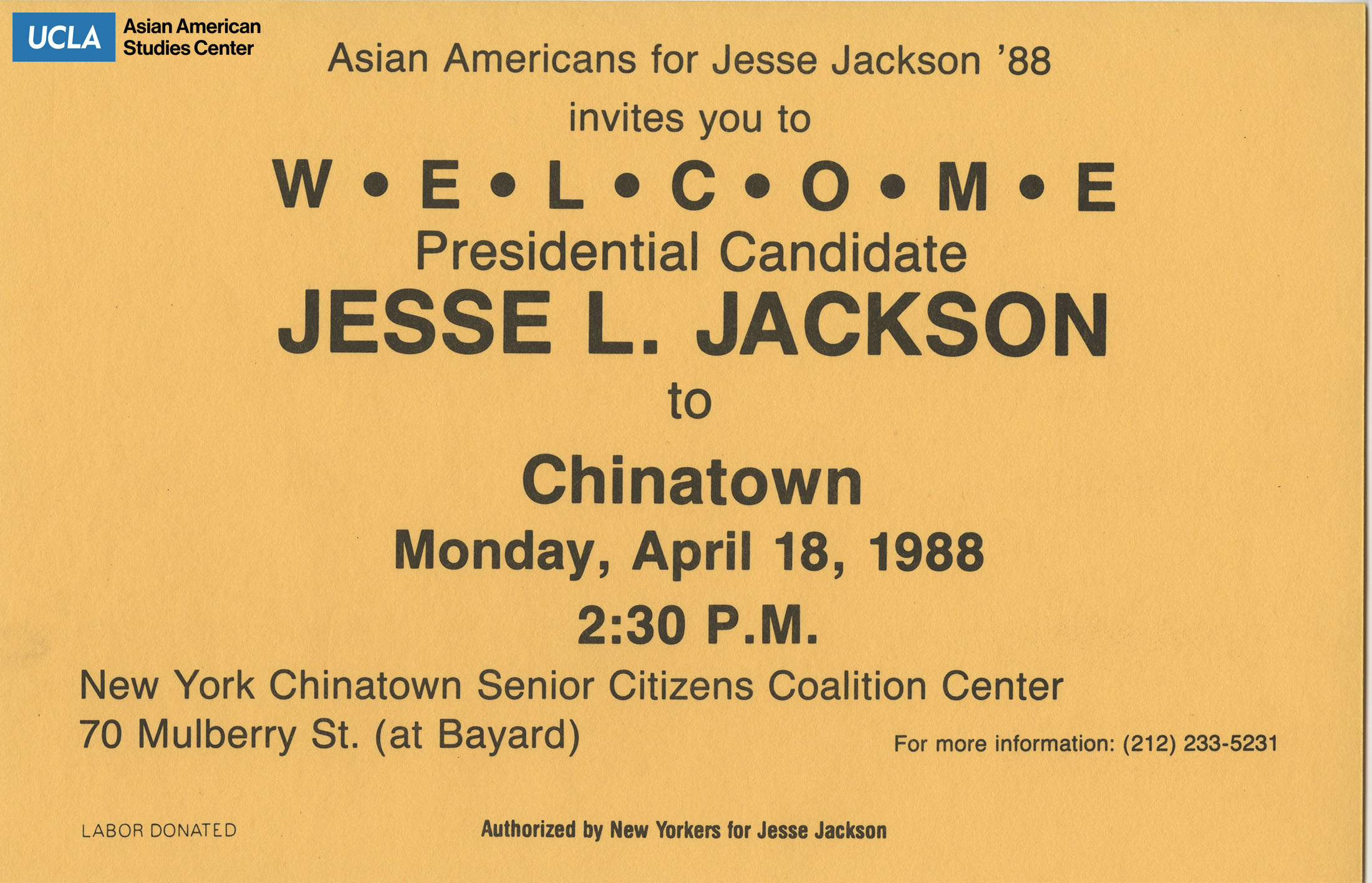 New York Chinatown Senior Citizens Coalition Center invitation of Jesse Jackson to Chinatown.
