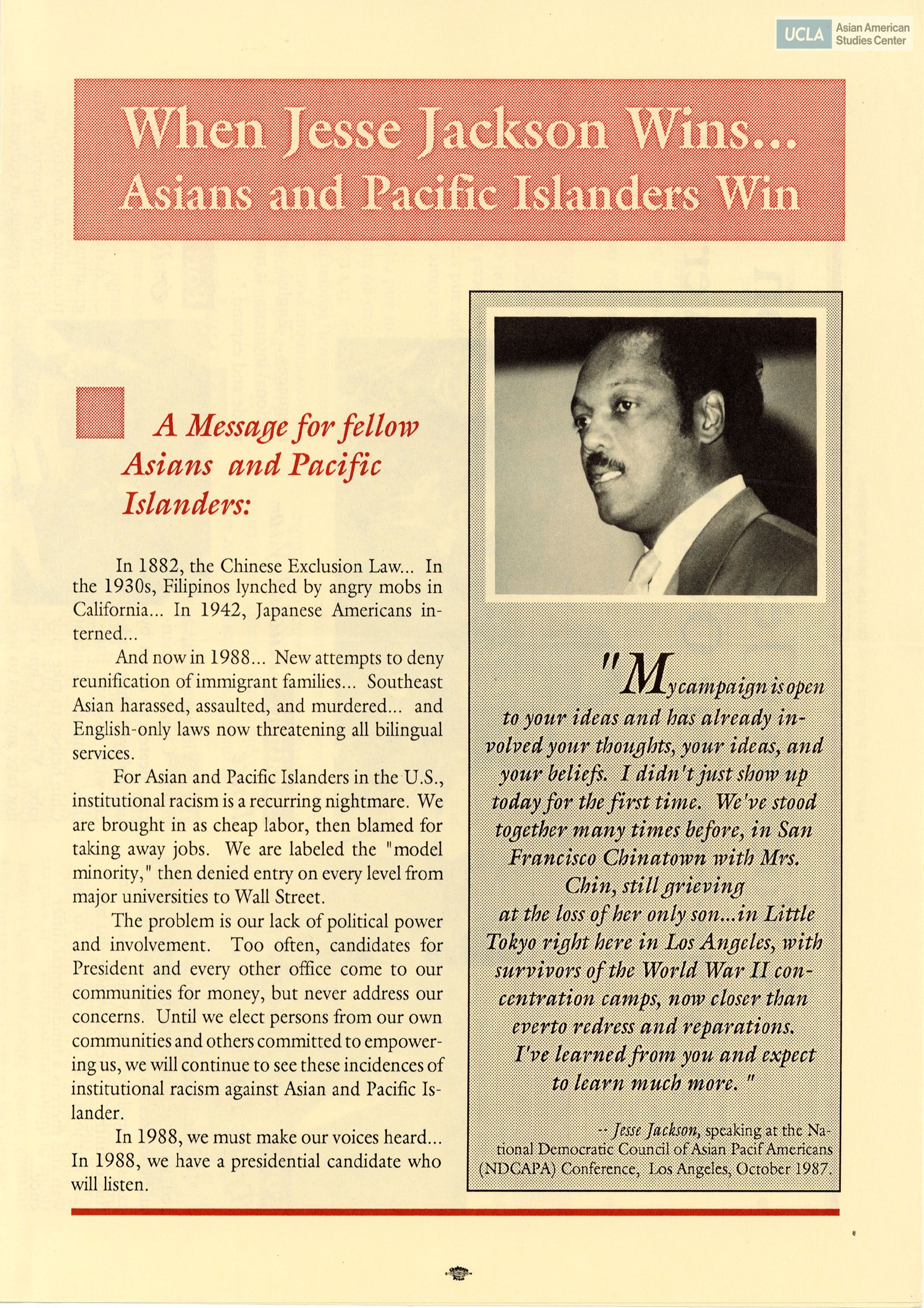 Asian Americans for presidential candidate Jesse Jackson. Pamphlet includes title: 