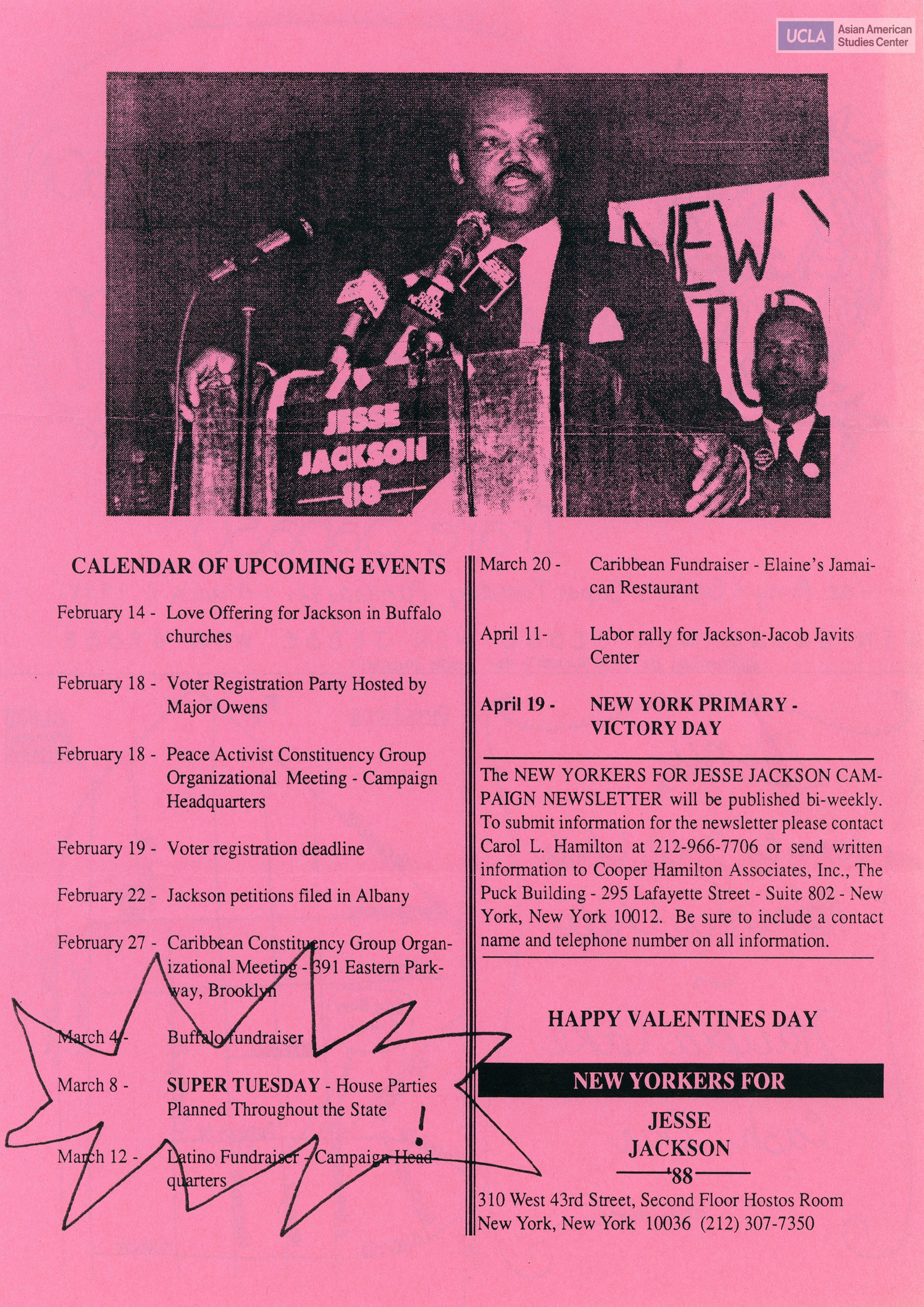 New Yorkers for Jesse Jackson regarding calendar of events.